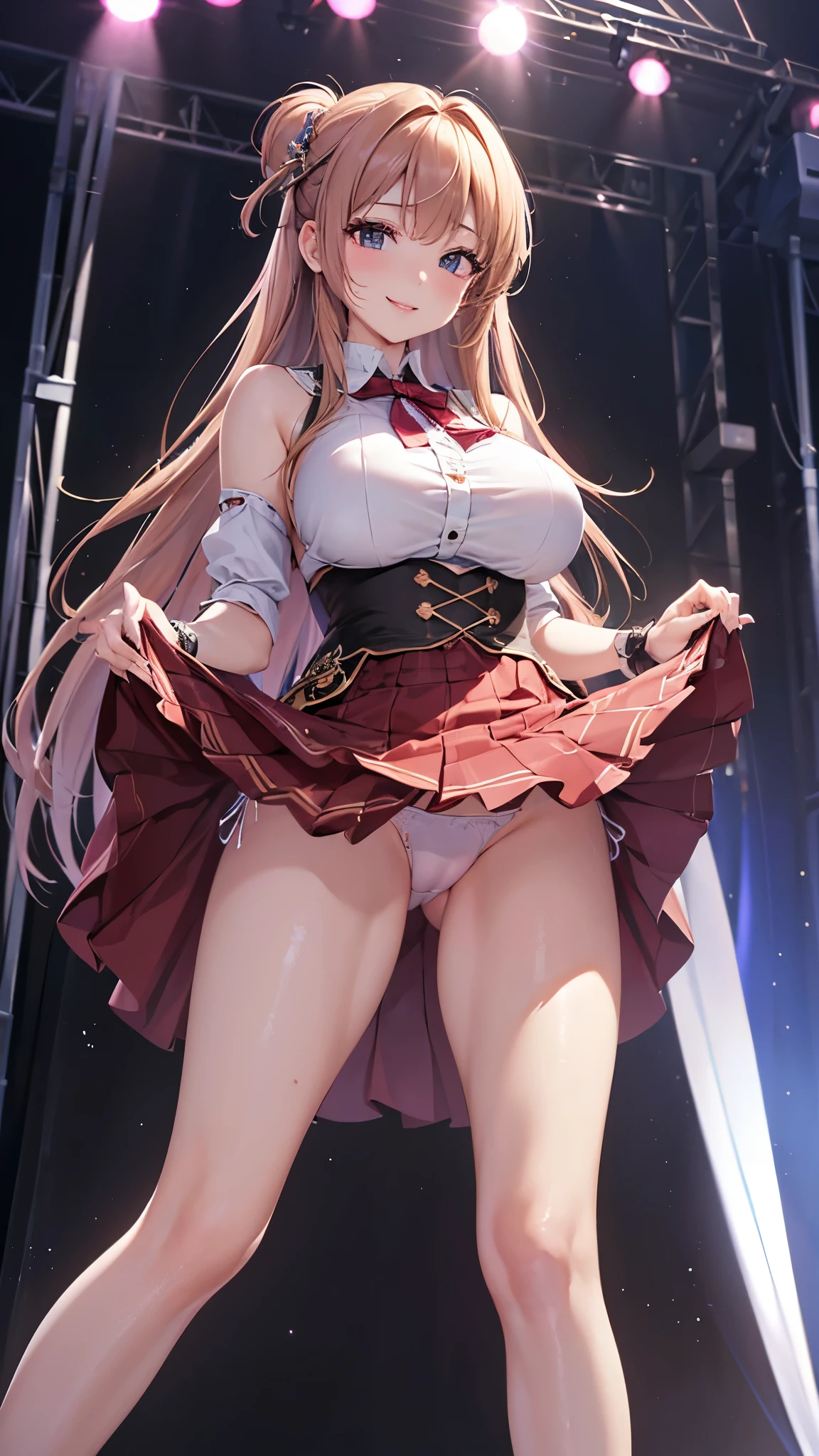 ((highest quality、High resolution、Highly detailed CG Unity 8K wallpaper))、detailed face、perfect body、unparalleled beauty、beautiful breasts、open your legs、shy smile、I'm seducing you、sing、dance、((She lifts up her skirt and shows her panties on live stage))