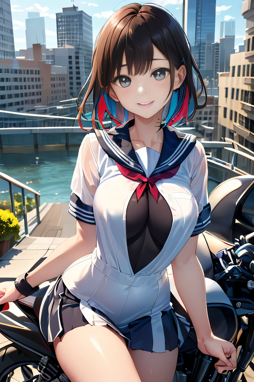 big and full breasts、(((A transparent white sailor suit that sticks to the chest,school uniform:1.7))),(((A woman wearing a transparent sailor suit:1.7 ))),(((A woman riding a colorful custom-painted motorcycle through the city:1.7))), Shiny light brown and orange striped short hair,cute smile,perfect round face,A cheerful smile that makes the viewer happy,proper body proportions,table top,Ultra high quality output image,High resolution,intricate details,very delicate and beautiful hair,realistic pictures,dream-like,professional lighting,realistic shadow,focus only,beautiful hands,beautiful fingers,Detailed functions of fingers,Detailed features of the wear,Detailed characteristics of hair,detailed facial features,(((emphasize the chest:1.3))),(dynamic angle),(dynamic and sexy pose),laughter、cute round face,,(table top,highest quality,超High resolutionの出力画像,) ,(8K quality,),(sea art 2 mode.1),(Image mode Ultra HD,)