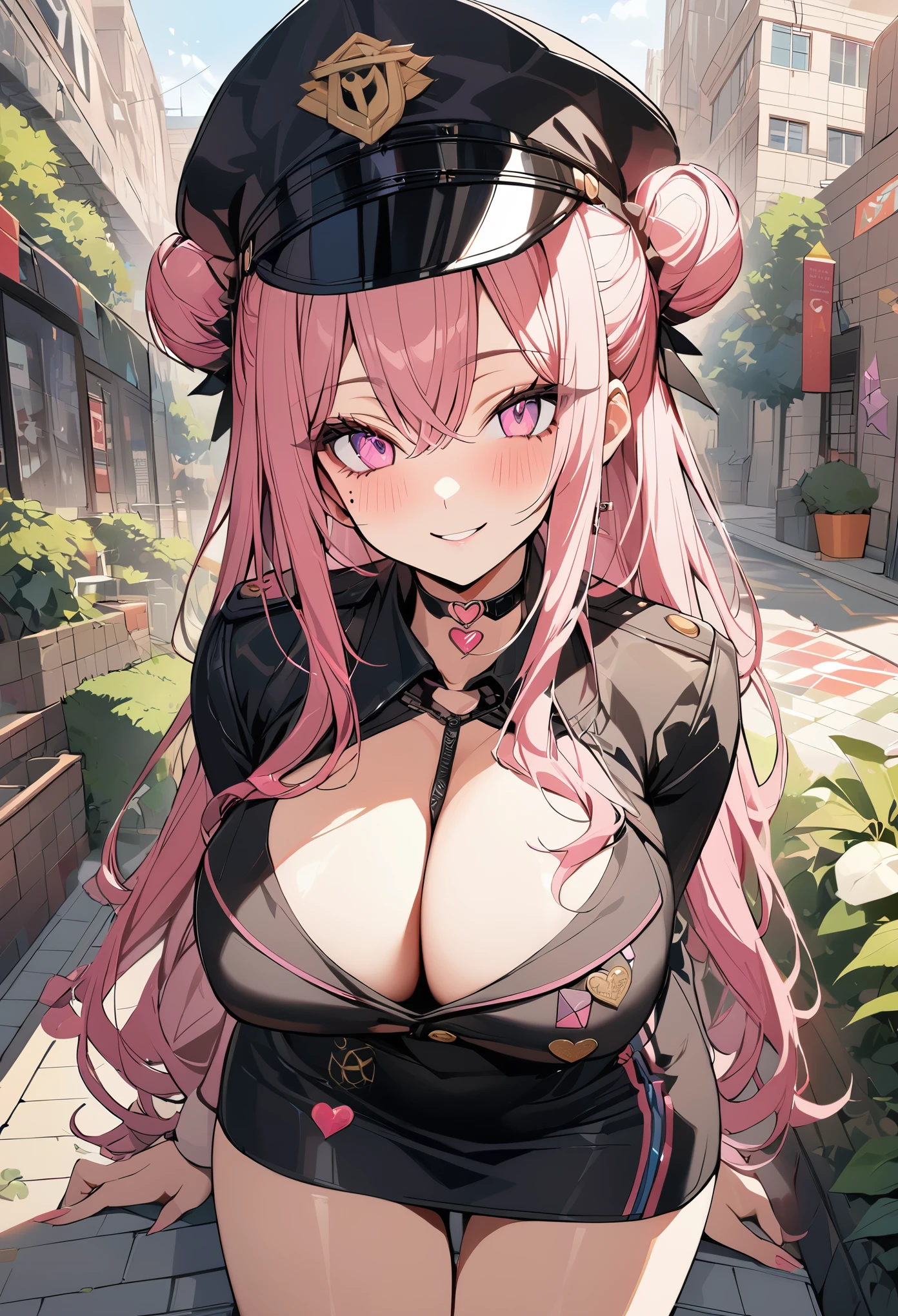 1 girl, pink long bun hair, heart shaped eyes, ♡, big breasts, police uniform and hat, {girl with pink long bun hair named Nami}, (Pink eye color), {downtown}, (smile), bright background , mole under eye, heart shaped choker, (masterpiece, highest quality), very detailed, highest quality, official art, beautiful and aesthetic: 1.2), (1 girl), very detailed, (geometry art: 1.3), colorful, most detailed ?d1 girl, pink long bun hair, Eye of the symbol, +__+, big breasts, gothic costume, {A girl with long pink bun hair named Nami}, (Pink eye color), {downtown}, (smile), bright background, （garden,beautiful flower々）,mole under eye, heart shaped choker, (masterpiece, highest quality), official art, beautiful and aesthetic: 1.2), (1 girl), very detailed, (geometry art: 1.3), colorful