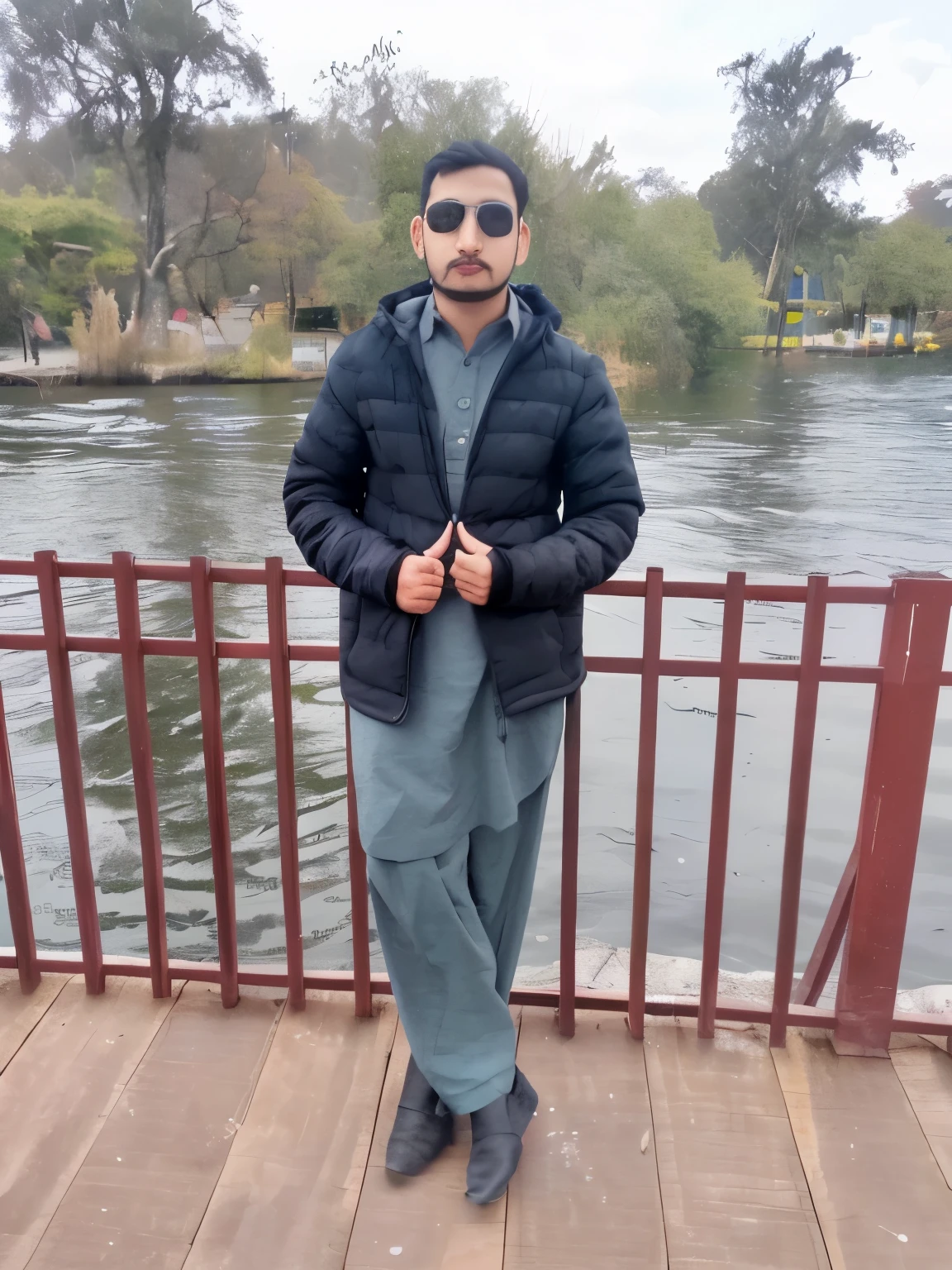 arafed man standing on a wooden deck near a body of water, full body picture, very very low quality picture, khyzyl saleem, in lake, very clear picture, by Riza Abbasi, full body photogenic shot, full body in camera, with mountains in the background, kyza saleem, 3 piece suit
