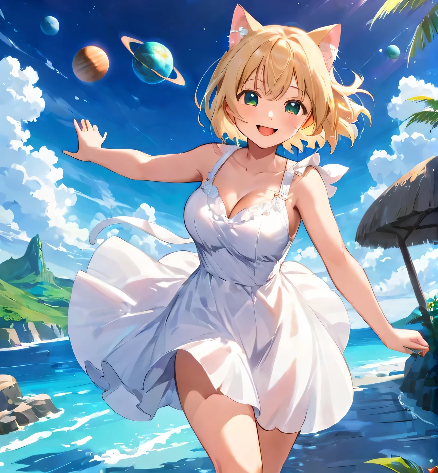 1 girl, running, white sundress, outdoor, Summer in another world, multiple planets in the sky, girl living in another world, , Smile, , cleavage、(Cat ear)、Bob cut blonde hair、8K,Vivid landscapes、
