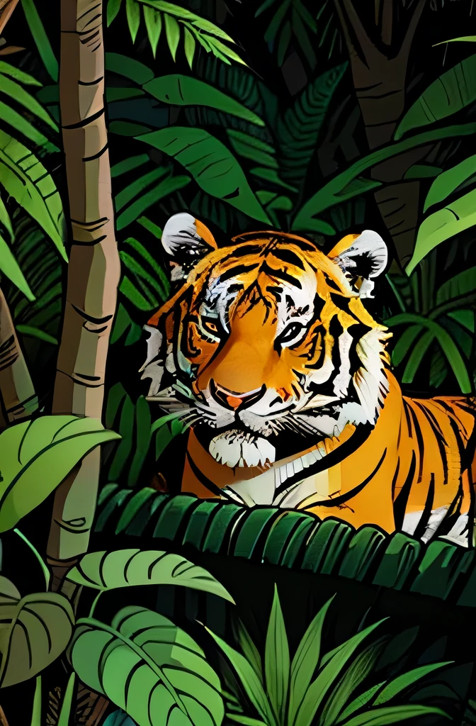 kids illustration, tiger in a jungle, cartoon style, thick lines, low detail, vivid color