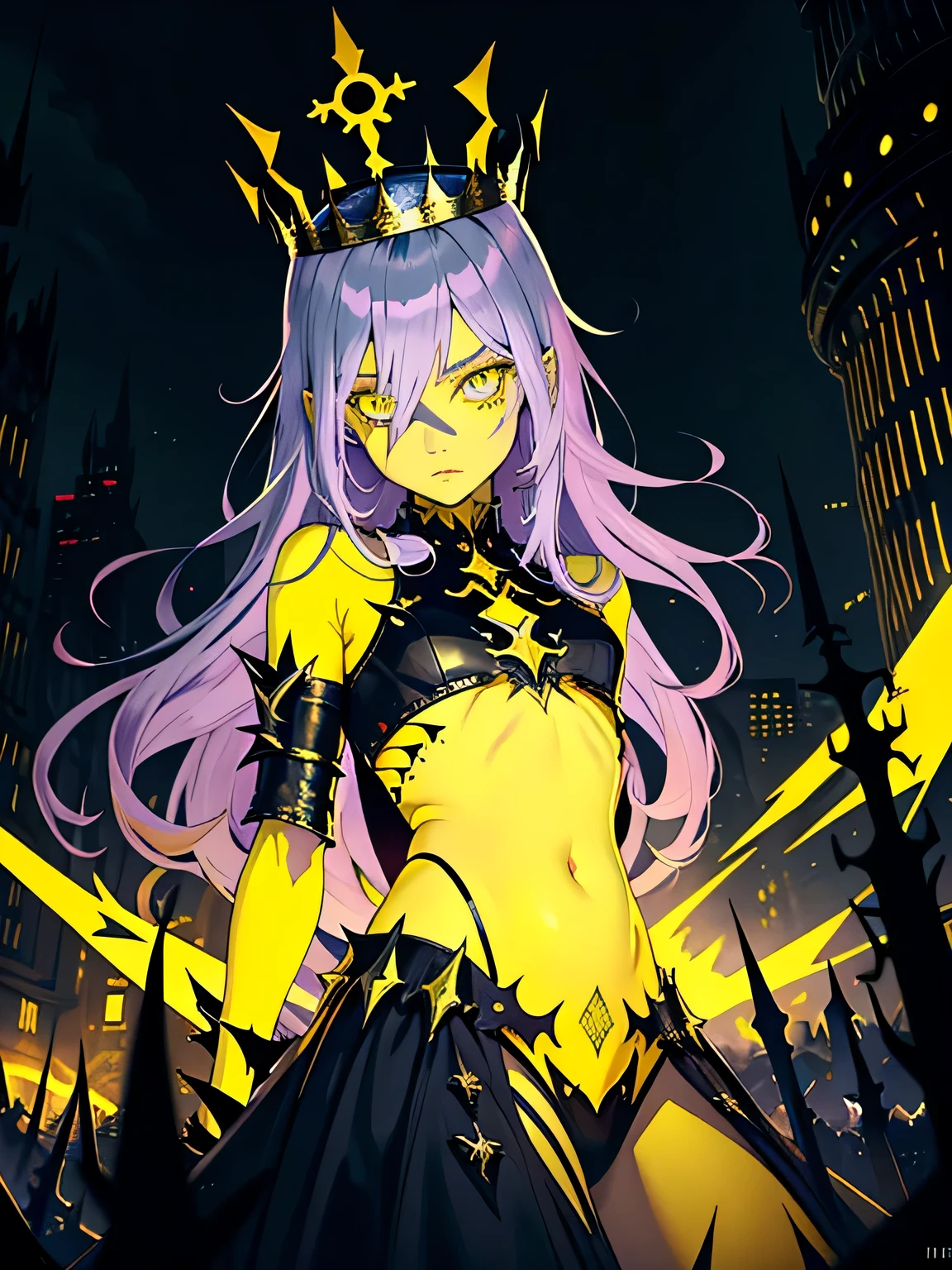 (Gloomy fantasy), (dark fantasy art), hopeless art, dark demon girl, ((yellow skin)), bright yellow skin, blue eyes, pale purple hair, long hair, smooth hair, short clothing, less clothing, open belly, sharp crown, thorn gold crown, catastrophic art, collapsing city, cold lights, highly detailed art, highly detailed background, detailed accessoires, masterpiece