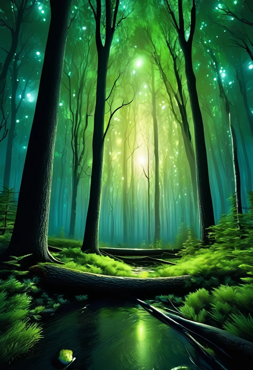 Ultra high-definition, 16K, realistic, a serene night scene of a forest with dimly lit illumination.