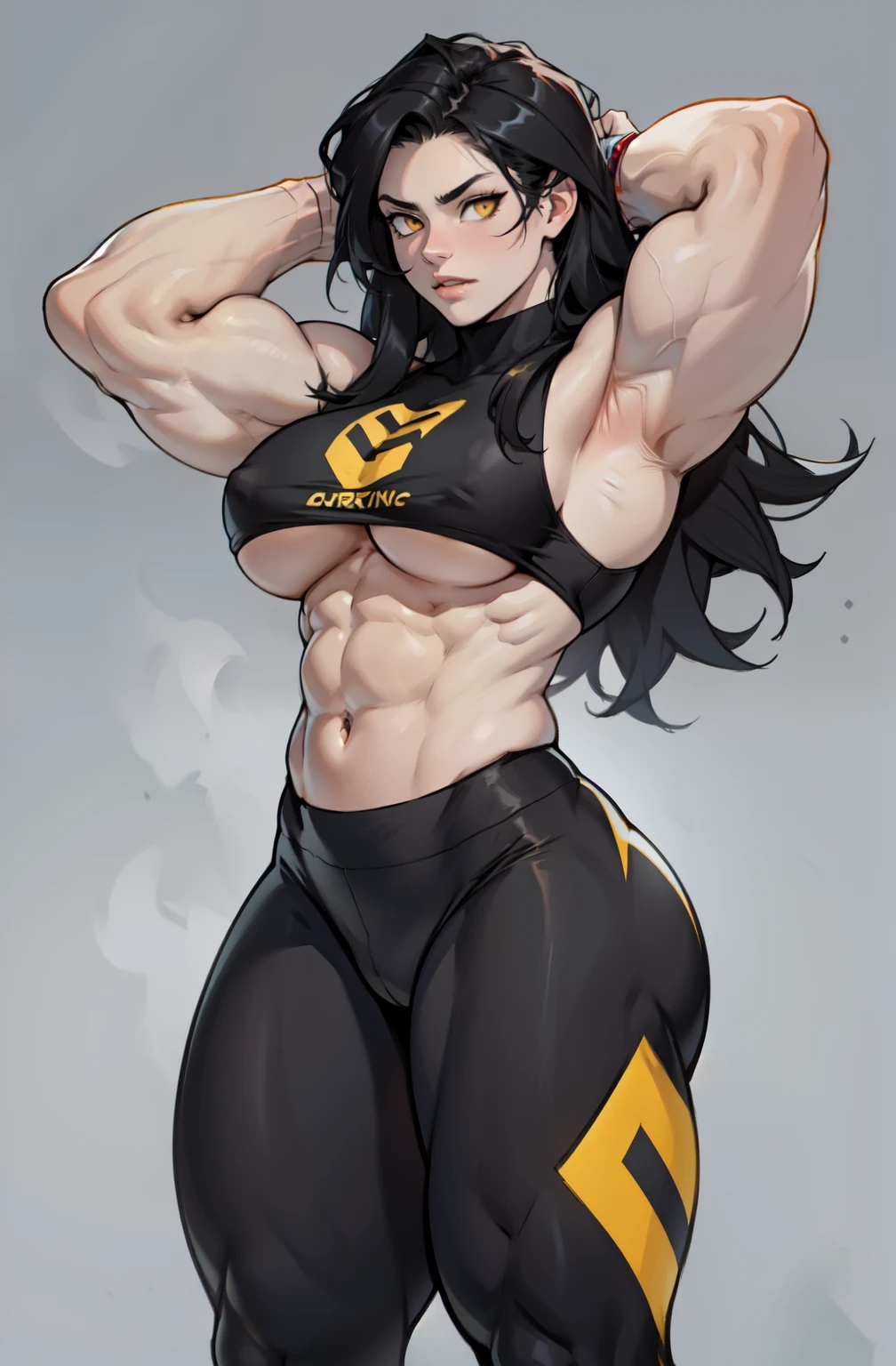 1girl pale skin muscular toned body black hair yellow eyes long hair huge muscles leggings muscles simple background breasts