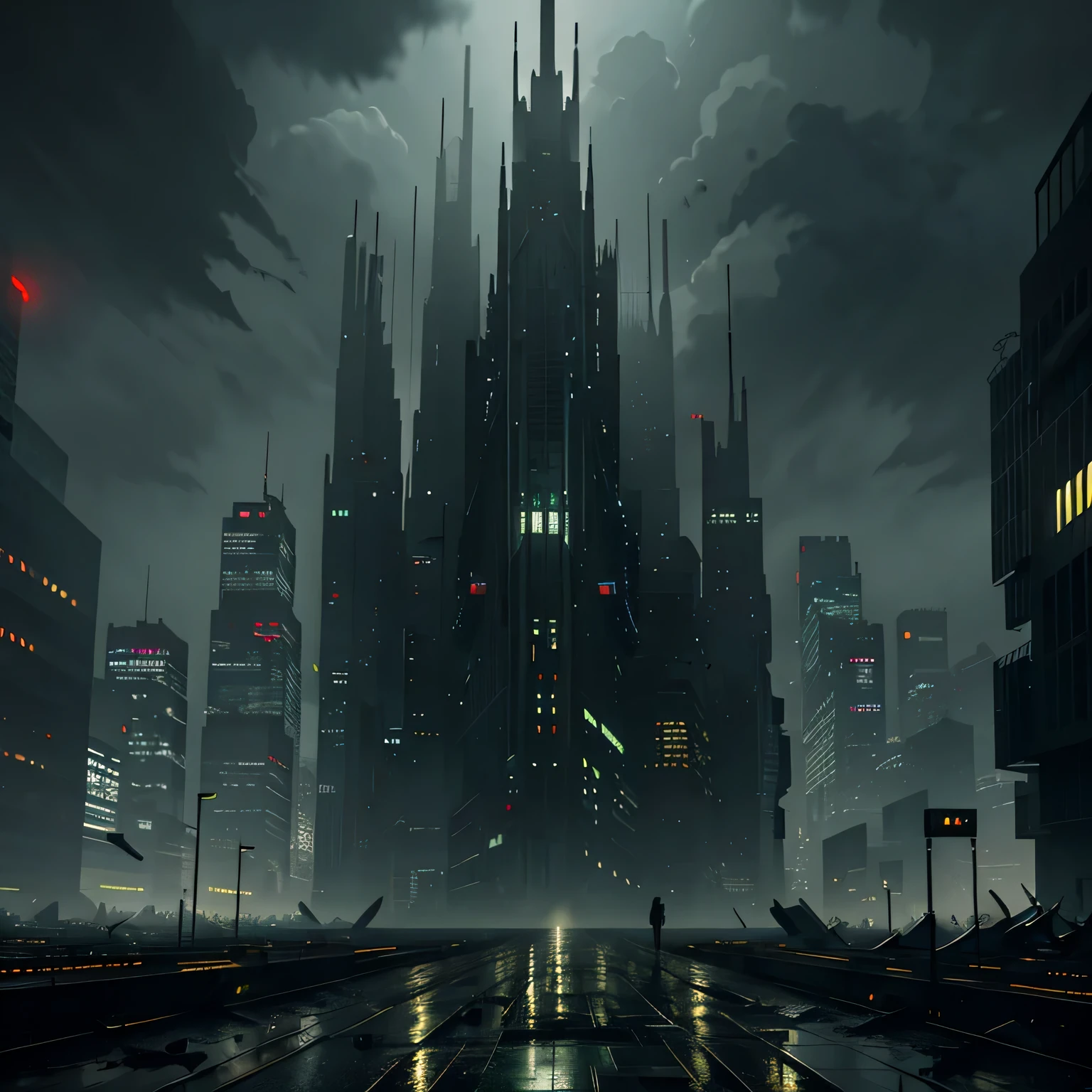 (Dark dystopian art), (dark cityscape of the near future), hopeless art, loneliness, giant city, gray sky, dark night, cold night, less lights, gray and green pale palette, cold lights, highly detailed art, highly detailed background, detailed accessoires, masterpiece