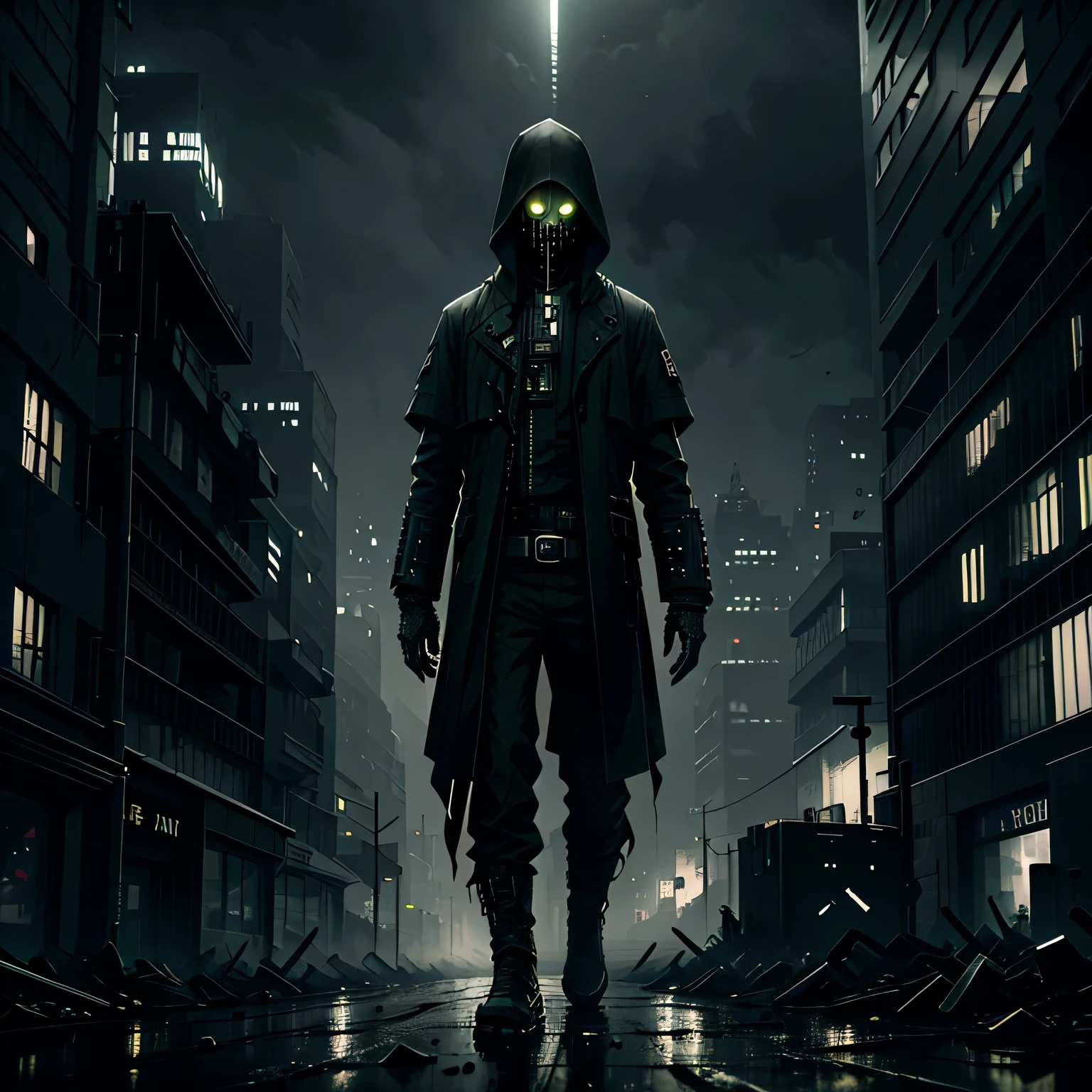 (Dark dystopian art), (dark cityscape of the near future), hopeless art, loneliness, giant city, gray sky, dark night, cold night, less lights, gray and green pale palette, cold lights, highly detailed art, highly detailed background, detailed accessoires, masterpiece