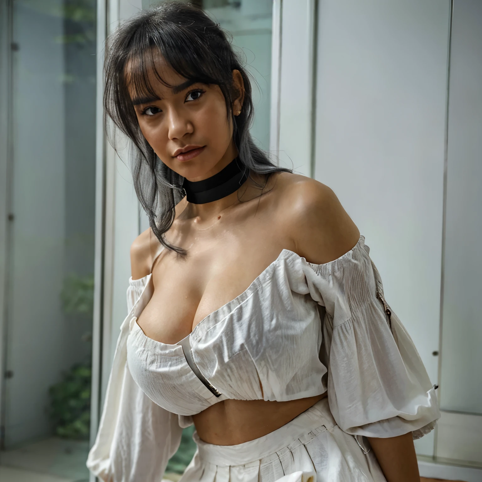 best quality, ultra high res, (photorealistic:1.4), 1girl, off-shoulder white shirt, black tight skirt, black choker, (faded ash gray hair:1), (huge breasts:1.2), looking at viewer, closeup ,