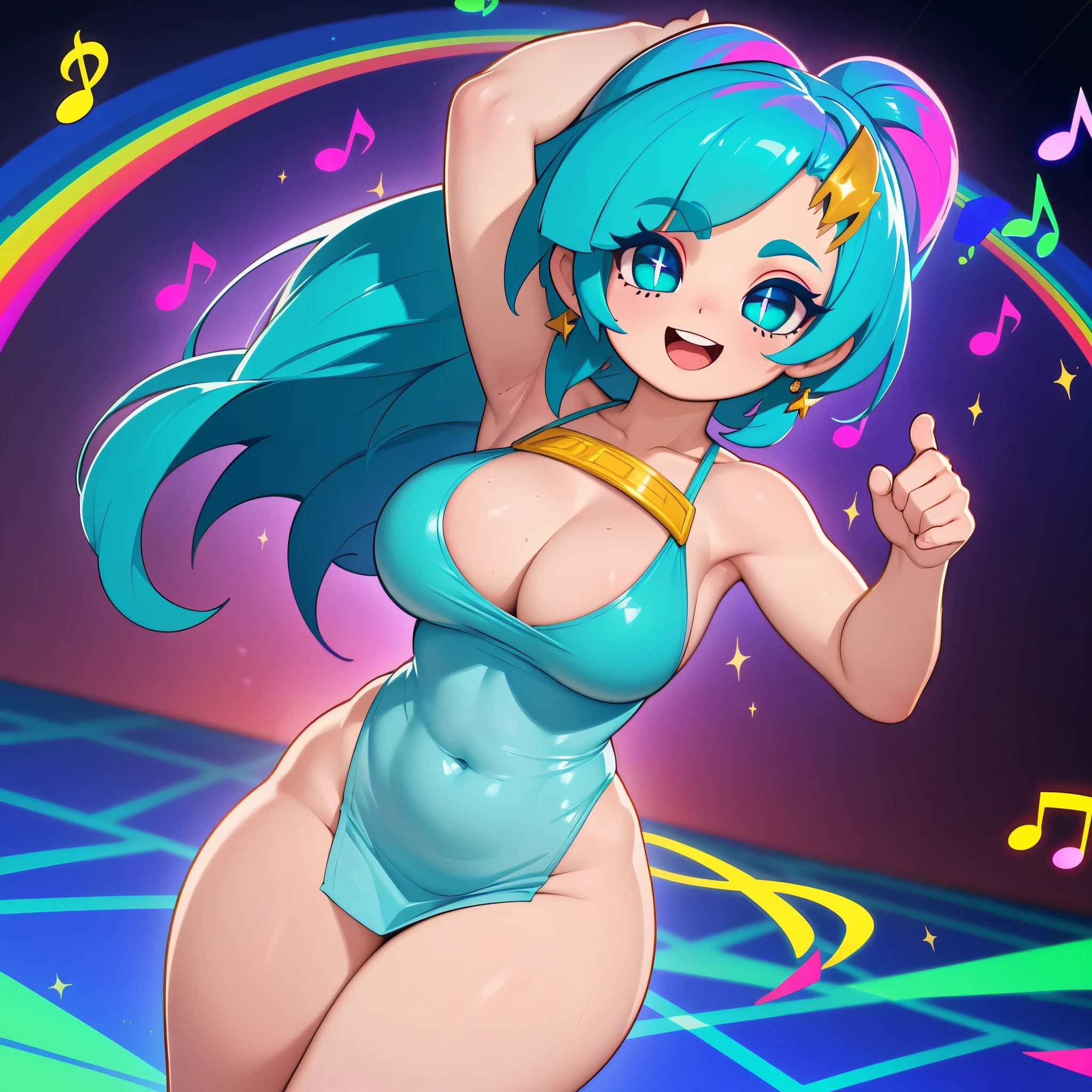 Masterpiece, Hyper detailed, Best quality, UHD, Ultra high resolution, (16K), (((3D))), ((Anatomically correct)), random poses, Acting very Joyful, :D Expression, (((Very Joyful))), (Adorable), 1female, solo, Mature, (Hyper detailed revealing Psychedelic Rainbow Dress:1.0)), ((headphones:0.5), (Shiny skin), Busty, Curvy, Wide hips, (Hyper detailed eyes, Teal eyes, Longeyelashes:1.0), Jewellery, Makeup, Music notes, ((Pink hair, Medium hair, Hair clips:0.5)), {{{Club lighting}}}, ((Psychedelic, Dance stage, musical aura, performance, sparkling, Music Notes)), AGGA_ST009