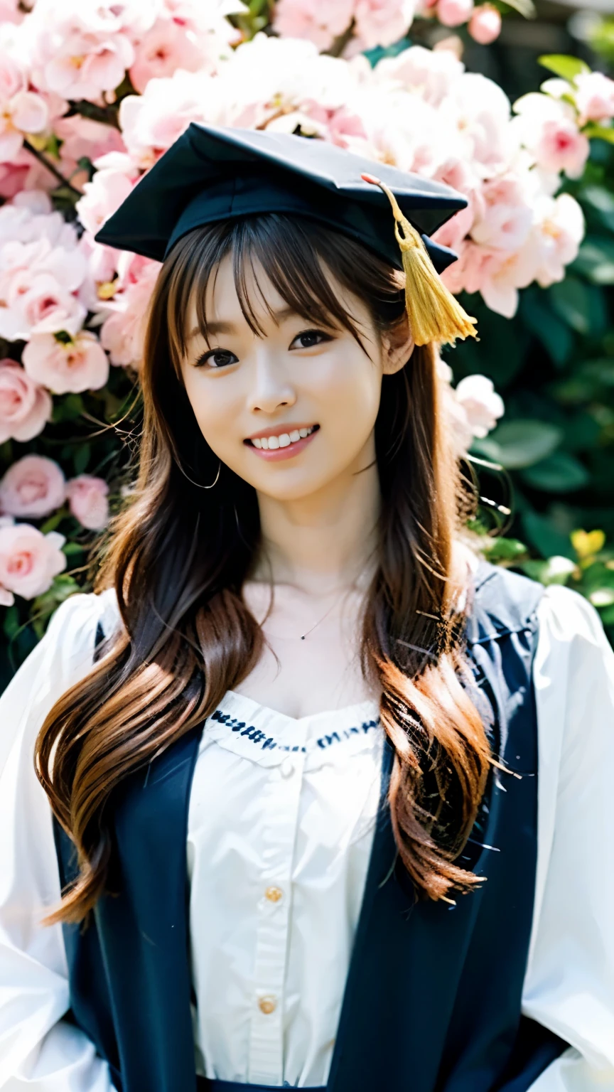 (((perfect anatomy))),Taking a graduation photo at the main gate of the university where the cherry blossoms are in full bloom.,A joyful 20-year-old woman celebrates her graduation ceremony at an American university., she radiates happiness, Wearing a graduation gown and cap, Capture the moment as parents, full of pride, join the celebration. Use long shots to introduce the university environment, Incorporating Nikon D850 camera and Sigma 50mm f/1.4 DG HSM Art Lens. to emphasize details、Choose a high resolution setting like 4K or 8K, Ensure photorealistic rendering with vibrant colors、Consider using movie elements as an additional touch,ultra-realistic photography, Digital single-lens reflex camera, Beautiful girl of twenty years old with brown hair, brown eyes, very happy smile, celebration, Graduation ceremony with several graduates lined up behind, piece of paper thrown into the air,(Full body shot of her standing from the front with cherry blossoms in the background),best image quality,professional angle of view,excellent details,ultra high resolution,realistic:1.4),high detail,focus on details,High concentration of 1girls,Beautiful chestnut hair braided together,Delicate high nose and glossy lips,beautiful face,Long limbs like a model,