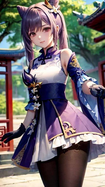 (masterpiece:1.2), (Best quality:1.2), keqingdef, 1girll, (Single person:1.2),Cowboy shot, (Cinematic light:1.2),(Perfect Hand 1.5), Slender beautiful legs,Playful,Purple gloves,Hide hands,(Background of ancient Chinese architecture:1.2),