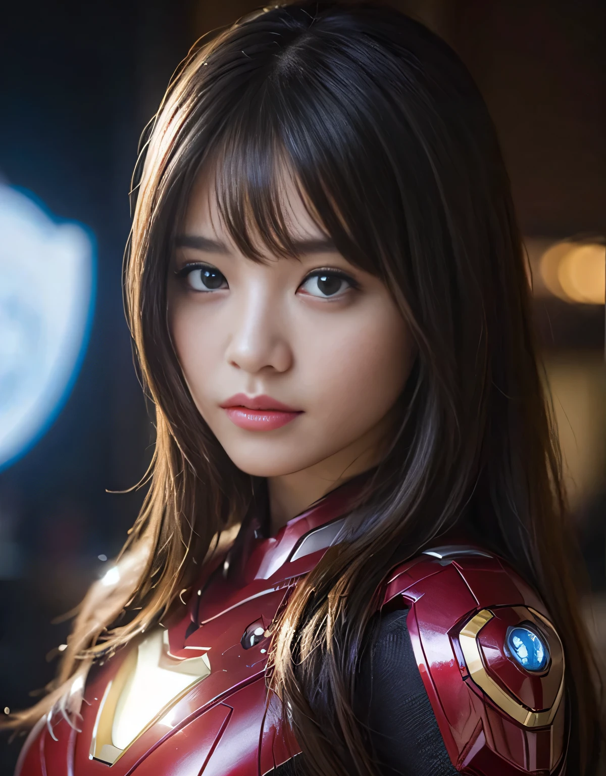 (1 girl)、highest quality、masterpiece、超A high resolution、(Photoreal:1.4)、Raw photo、1 girl、hot、(he'He's wearing a very shiny Iron Man costume..)、(Wearing an Iron Man helmet)、Marvel characters、long sleeve,、iron gloves、portrait、Shadow、octane rendering、8K、super sharp、Metal、intricate decorative details、Japan details、very intricate details、realistic light、(mysterious look)、shining eyes、towards the camera、Small LED