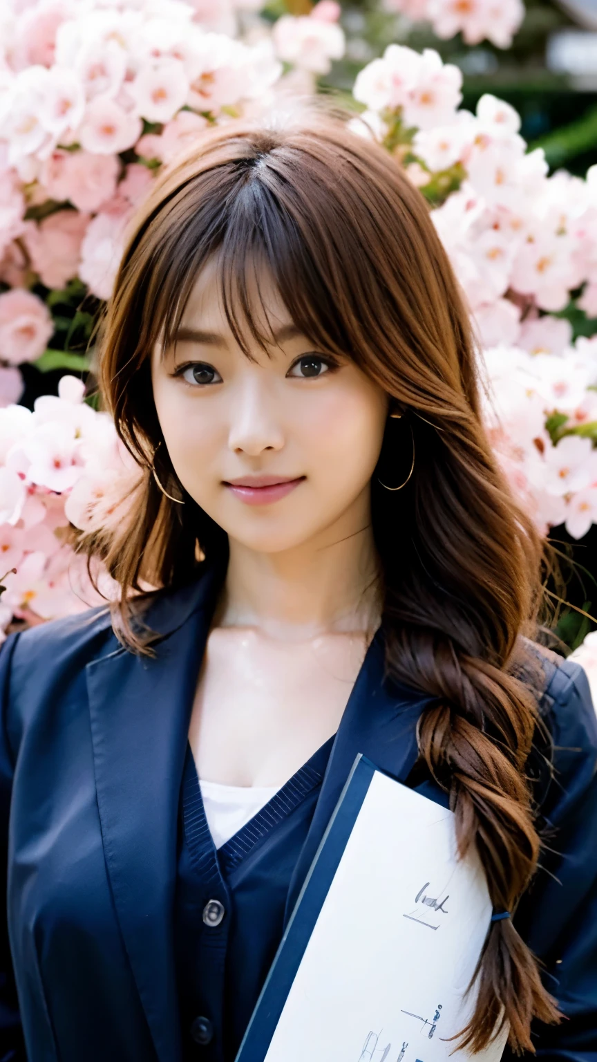 (((perfect anatomy))),Taking a graduation photo at the main gate of the university where the cherry blossoms are in full bloom.,(Looks great in a navy blue recruit suit),(A beautiful 20-year-old female college student poses while holding her diploma with both hands.),A 20-year-old girl who looks good in necklaces and earrings,The hairstyle I got at the hair salon is cute,(Full body photo of her standing with cherry blossoms in the background from the front),best image quality,professional angle of view,excellent details,ultra high resolution,realistic:1.4),high detail,focus on details,High concentration of 1girls,Beautiful chestnut hair braided together,Delicate high nose and glossy lips,beautiful face,Long limbs like a model,
