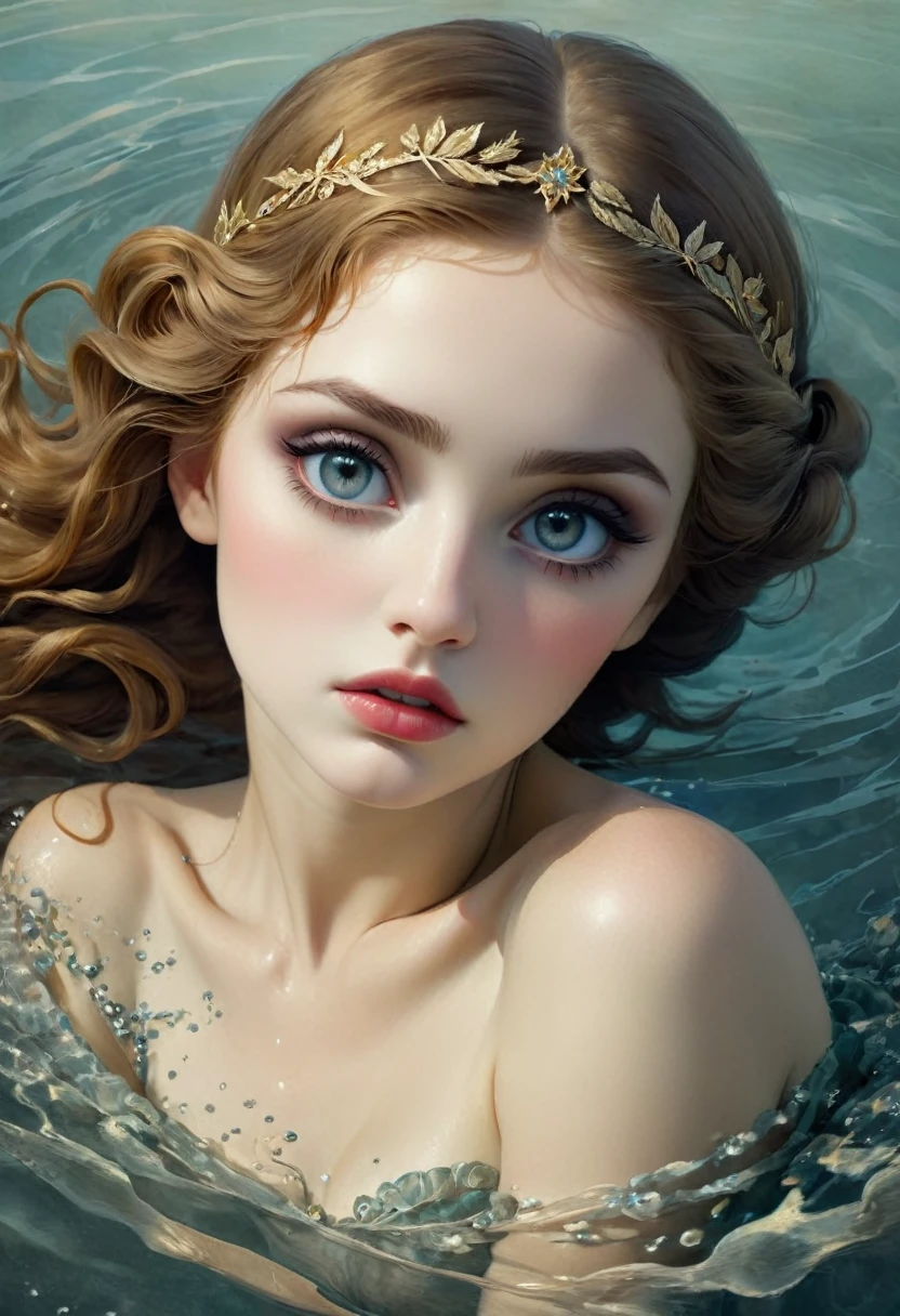 Pretty woman falling into water, perfect face, perfect eyes, sharp focus, style of Brooke Shaden and Catrin Welz-Stein and Mary Blair and Harrison Fisher, professional masterpiece, expressive eyes, detailed texture, artistic tender, beautiful, highly detailed, intricate details