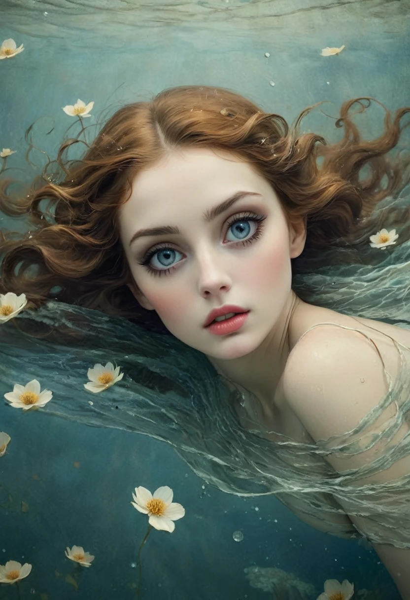 Pretty woman falling into water, perfect face, perfect eyes, sharp focus, style of Brooke Shaden and Catrin Welz-Stein and Mary Blair and Harrison Fisher, professional masterpiece, expressive eyes, detailed texture, artistic tender, beautiful, highly detailed, intricate details