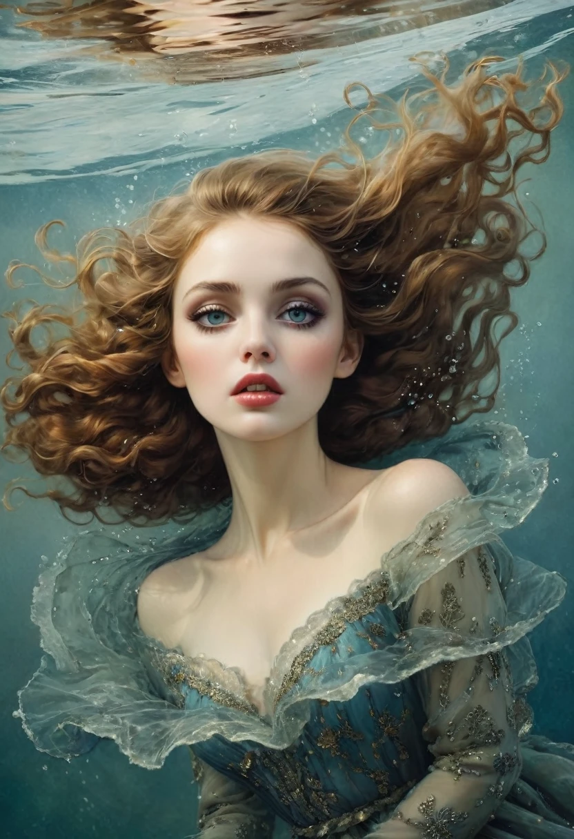 Pretty woman falling into water, perfect face, perfect eyes, sharp focus, style of Brooke Shaden and Catrin Welz-Stein and Mary Blair and Harrison Fisher, professional masterpiece, expressive eyes, detailed texture, artistic tender, beautiful, highly detailed, intricate details