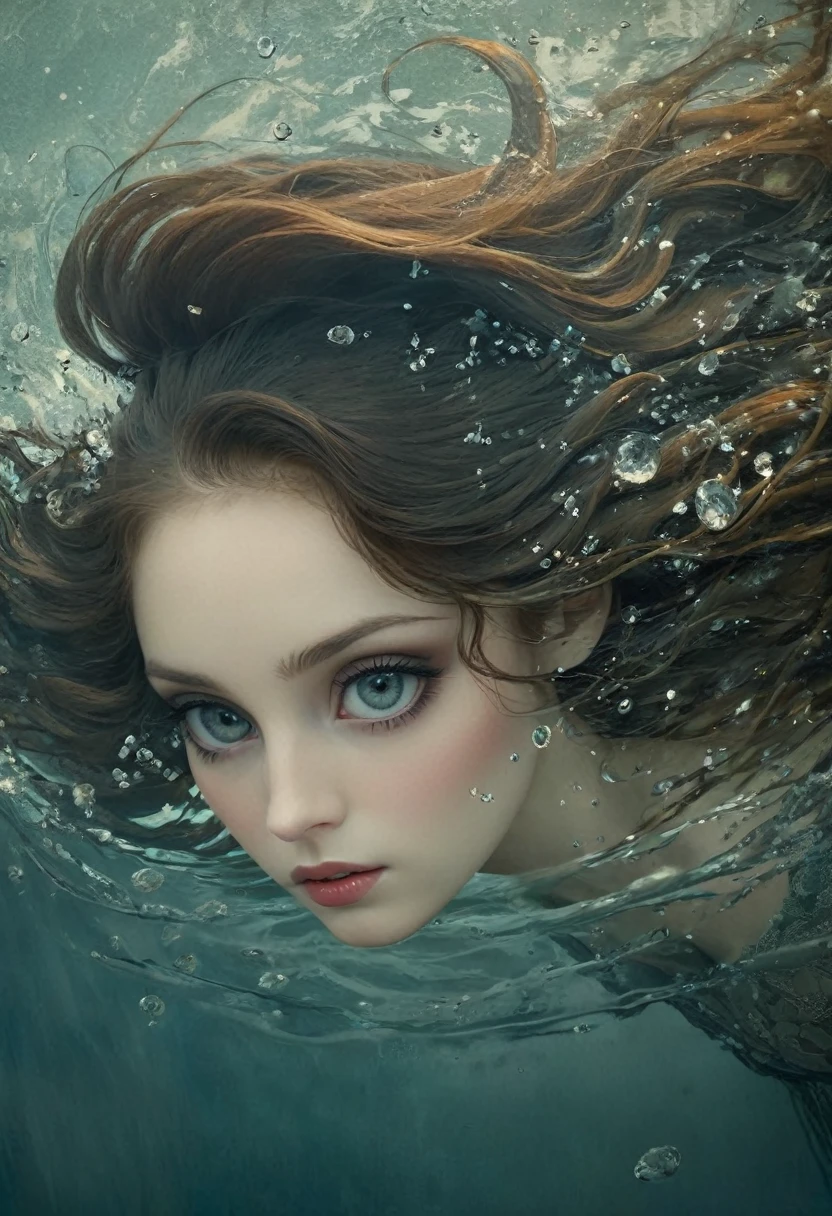 Pretty woman falling into water, perfect face, perfect eyes, sharp focus, style of Brooke Shaden and Catrin Welz-Stein and Mary Blair and Harrison Fisher, professional masterpiece, expressive eyes, detailed texture, artistic tender, beautiful, highly detailed, intricate details