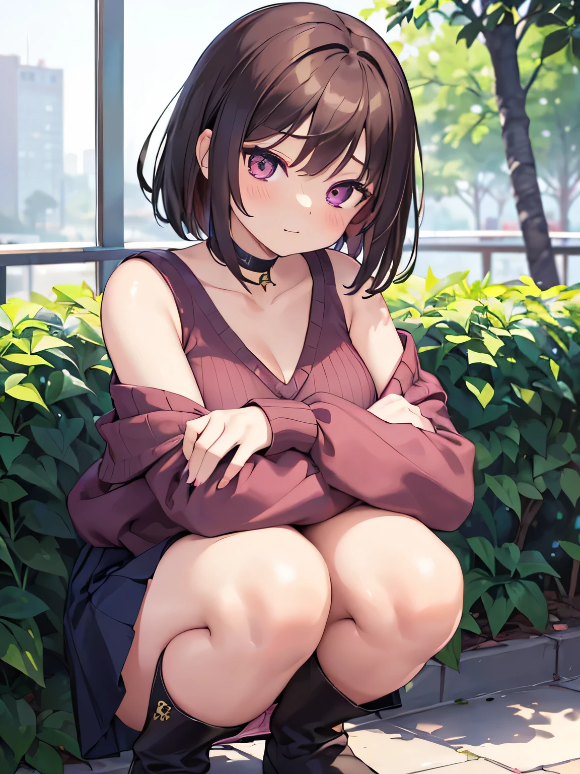 (masterpiece, highest quality, High resolution, realistic pictures, realistic skin:1.1),
(Please use a picture of a woman's panties facing straight ahead.:1.8),
(she is wearing navy clothes, long sleeve, V-neck knit:1.8),
(She is wearing a burgundy flared miniskirt: 1.8),
(she is wearing black clothes, Below-the-knee boots: 1.8),
(Her pants have flashy colors and patterns: 1.2),
(she is squatting with her knees together: 1.5),
(Her skirt is too short and her panties are showing: 1.8),
(she put her elbows on her knees、The cheek is placed on the cheekbone。:1.8),
(woman has short brown hair:1.5),
(the woman has a provocative personality, grinning expression:1.2),
(Location: park lawn:1.5),
1 Japanese girl, alone, Full-bodied Esbian, beautiful eyes, shining eyes, NSFW
