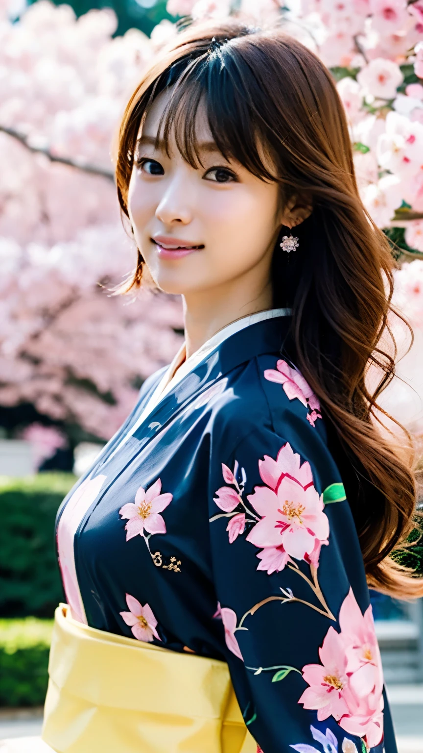 (((perfect anatomy))),Taking a graduation photo at the main gate of the university where the cherry blossoms are in full bloom.,(Rin in navy blue kimono and purple hakama々New)卒業証書の筒を大事そうに持った二十歳の美New女子大生,A 20-year-old girl who looks good in necklaces and earrings,,(((The hairstyle I got at the hair salon is cute))),(Full body shot of her standing from the front with cherry blossoms in the background),best image quality,professional angle of view,excellent details,ultra high resolution,realistic:1.4),high detail,focus on details,High concentration of 1girls,編み込んでまとめた美New栗色の髪,Delicate high nose and glossy lips,美New顔,Long limbs like a model,