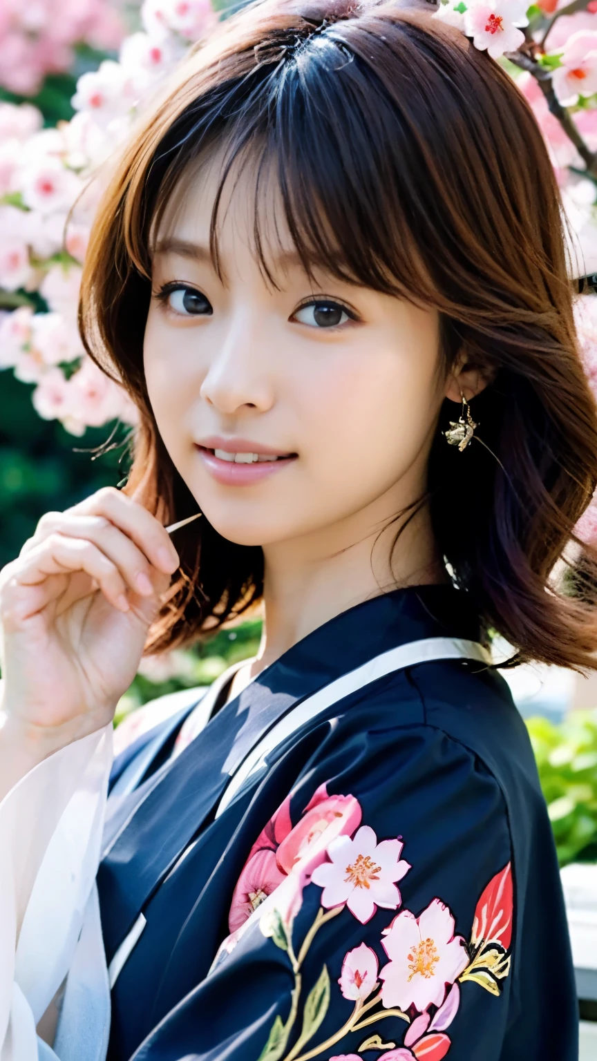 (((perfect anatomy))),満開の美New桜が咲く大学正門で卒業記念写真を撮って貰っている二十歳の美New女子大生,A girl holding a diploma tube that looks great with a necklace and earrings,(Rin in navy blue furisode and purple hakama々New),(((The hairstyle I got at the hair salon is cute))),(Full body shot of her from the front with cherry blossoms in the background),best image quality,professional angle of view,excellent details,ultra high resolution,realistic:1.4),high detail,focus on details,High concentration of 1girls,編み込んでまとめた美New栗色の髪,Delicate high nose and glossy lips,美New顔,Long limbs like a model,