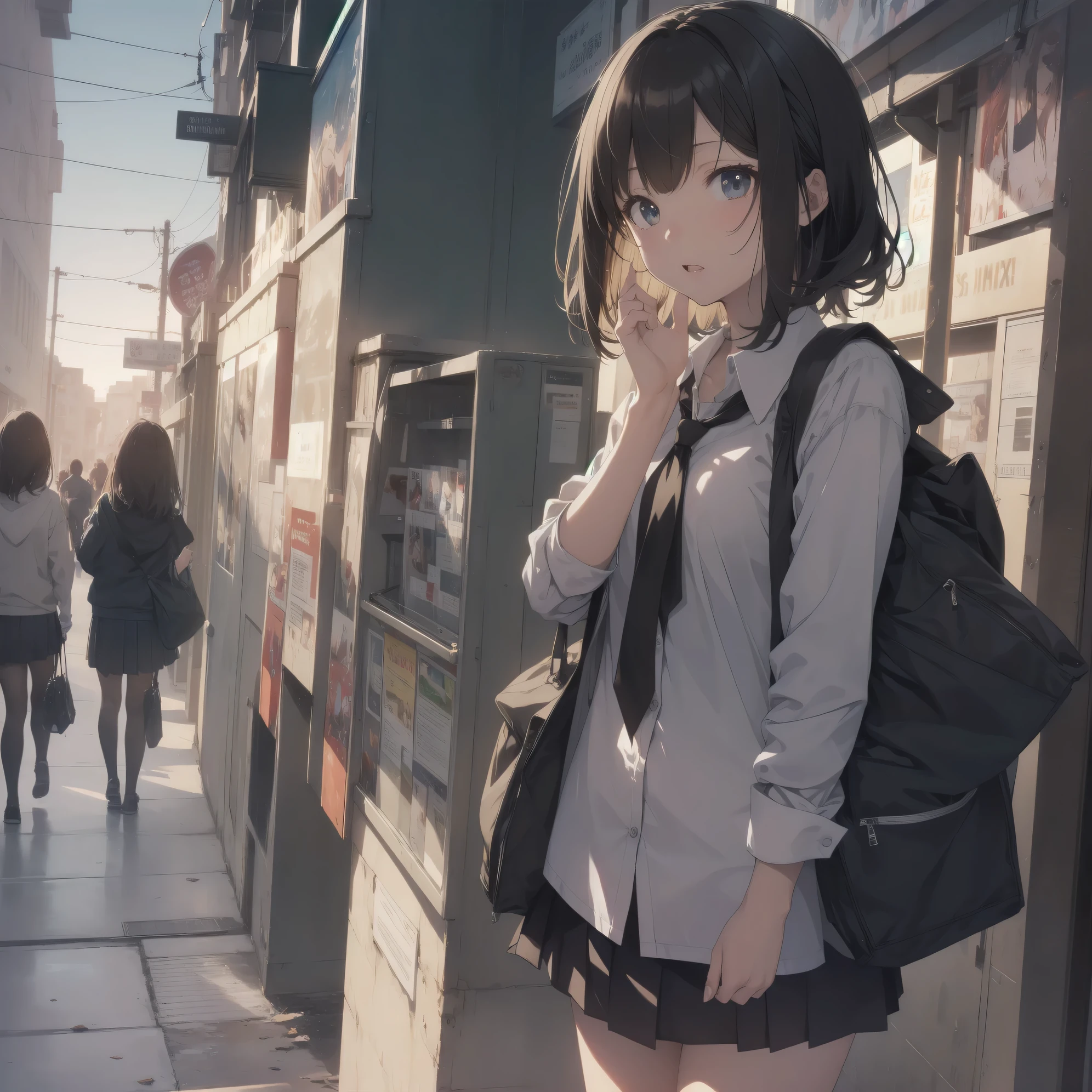 Super Absurd - Top Quality from the God of Art, Super detailed, High resolution, anime moe art style, cute girl portrait, best anime 8K konachan wallpaper, Pixiv contest winners, perfect anatomy,break, (眠そうにalone学校へ行く女の子を描いてください. )break,1 girl, (alone,little woman, :1.3),All limbs, full finger,, The charm of an immature body, (very_short hair), shortcut, Bang, flat chest, , small ass, between legs, small black eyes, detailed and beautiful eyes, Well-proportioned iris and pupils, expressive eyes, High resolutionの詳細な髪, yawn, neck ribbon, shirt, collared shirt, skirt, pleated skirt, , (detailed lighting), (detailed background), On the way to school. break,super dense skin, Best cinematic lighting powered by famous artist, 8K,Beauty Illustration,photoshop_(Moderate),Absurd Hi-Res,UHD,rough skin,break,((artist:kantoku)), artist:dark black,artist:shinkai makoto,artist:sekiya asami,artist:Fujiyama,