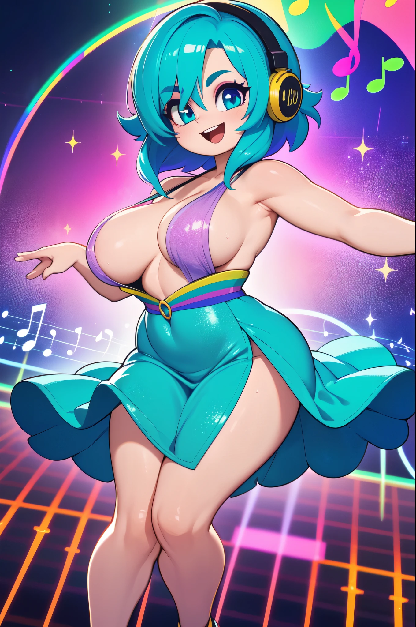 Masterpiece, Hyper detailed, Best quality, UHD, Ultra high resolution, (16K), (((3D))), ((Anatomically correct)), random poses, Acting very Joyful, :D Expression, (((Very Joyful))), (Adorable), 1female, solo, Mature, (Hyper detailed revealing Psychedelic Rainbow Dress:1.0)), ((headphones:0.5), (Shiny skin), Busty, Curvy, Wide hips, (Hyper detailed eyes, Teal eyes, Longeyelashes:1.0), Jewellery, Makeup, Music notes, ((Pink hair, Medium hair, Hair clips:0.5)), {{{Club lighting}}}, ((Psychedelic, Dance stage, musical aura, performance, sparkling, Music Notes)), AGGA_ST009