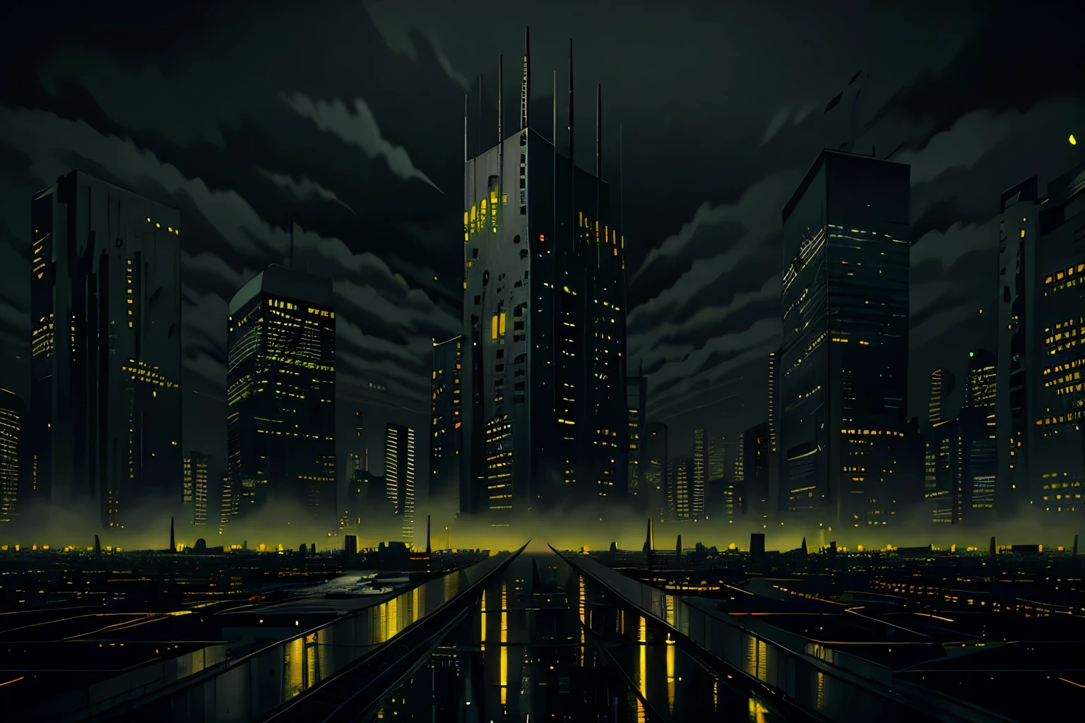 (Dark dystopian art), (dark cityscape of the near future), hopeless art, loneliness, gray sky, dark night, cold night, dark concrete building, rare antennas, yellow lights in the mirrors, less lights, gray and green pale palette, cold lights, highly detailed art, highly detailed background, detailed accessoires, masterpiece