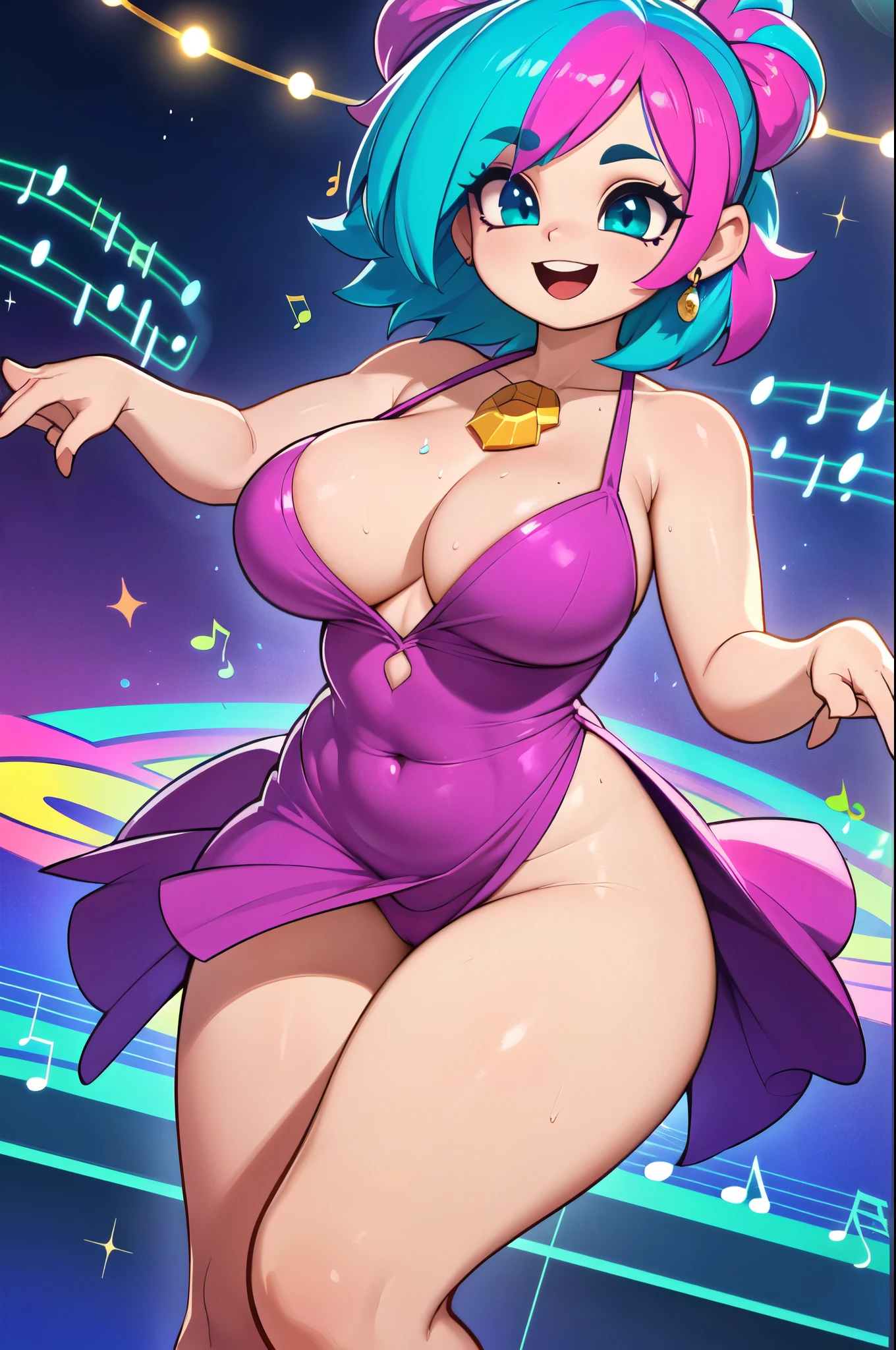 Masterpiece, Hyper detailed, Best quality, UHD, Ultra high resolution, (16K), (((3D))), ((Anatomically correct)), random poses, Acting very Joyful, :D Expression, (((Very Joyful))), (Adorable), 1female, solo, Mature, (Hyper detailed revealing Psychedelic Rainbow Dress:1.0)), ((headphones:0.5), (Shiny skin), Busty, Curvy, Wide hips, (Hyper detailed eyes, Teal eyes, Longeyelashes:1.0), Jewellery, Makeup, Music notes, ((Pink hair, Medium hair, Hair clips:0.5)), {{{Club lighting}}}, ((Psychedelic, Dance stage, musical aura, performance, sparkling, Music Notes)), AGGA_ST009