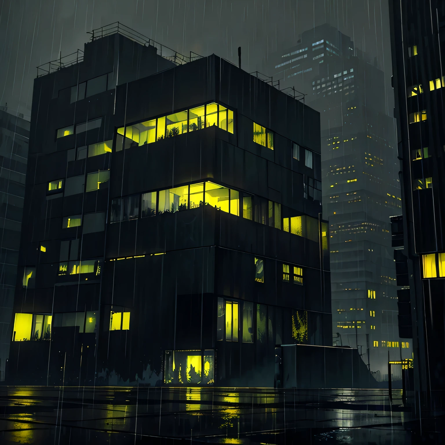 (Dark dystopian art), (dark cityscape), concrete and steel, hopeless art, loneliness, rain, gray sky, dark night, cold night, dark concrete building, rare antennas, yellow lights in the mirrors, less lights, gray and green pale palette, cold lights, highly detailed art, highly detailed background, detailed accessoires, masterpiece