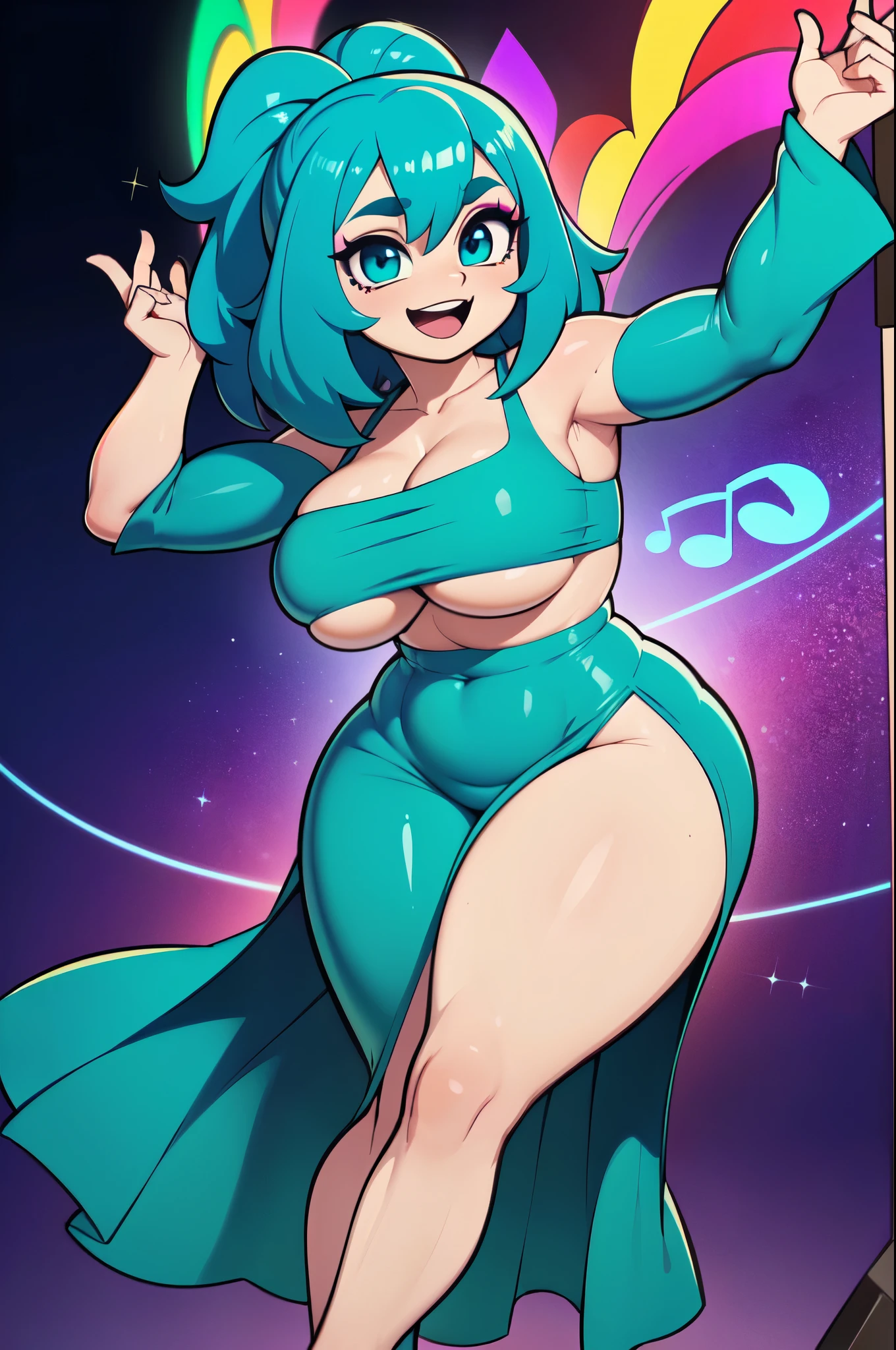 Masterpiece, Hyper detailed, Best quality, UHD, Ultra high resolution, (16K), (((3D))), ((Anatomically correct)), random poses, Acting very Joyful, :D Expression, (((Very Joyful))), (Adorable), 1female, solo, Mature, (Hyper detailed revealing Psychedelic Rainbow Dress:1.0)), ((headphones:0.5), (Shiny skin), Busty, Curvy, Wide hips, (Hyper detailed eyes, Teal eyes, Longeyelashes:1.0), Jewellery, Makeup, Music notes, ((Pink hair, Medium hair, Hair clips:0.5)), {{{Club lighting}}}, ((Psychedelic, Dance stage, musical aura, performance, sparkling, Music Notes)), AGGA_ST009