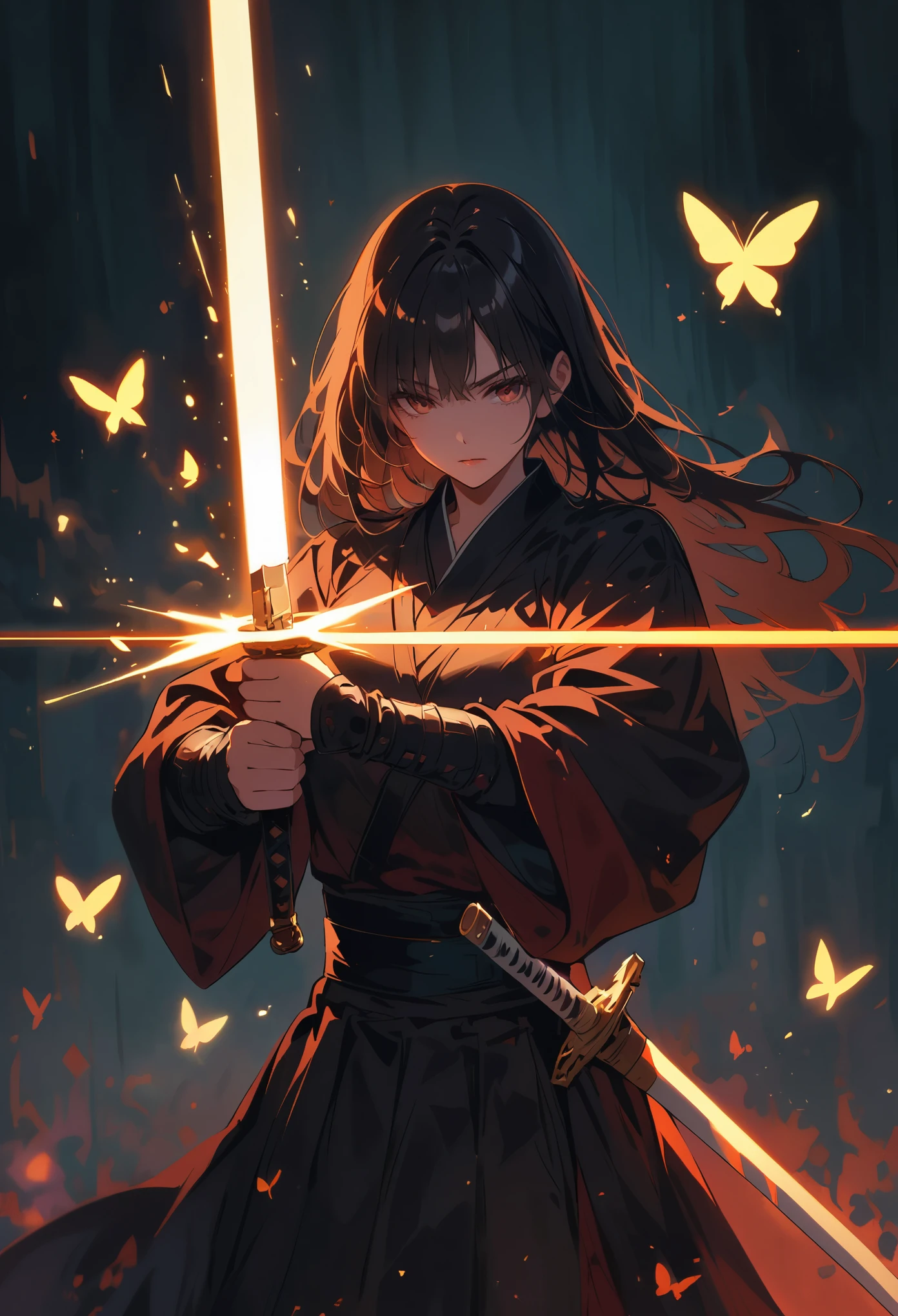 dark atmosphere,dark background,female swordsman in the dark,glowing golden sword,lightsaber,invisible face,Sword in both hands,night,dark,fear,sword focus,Glowing butterflies flying in the air