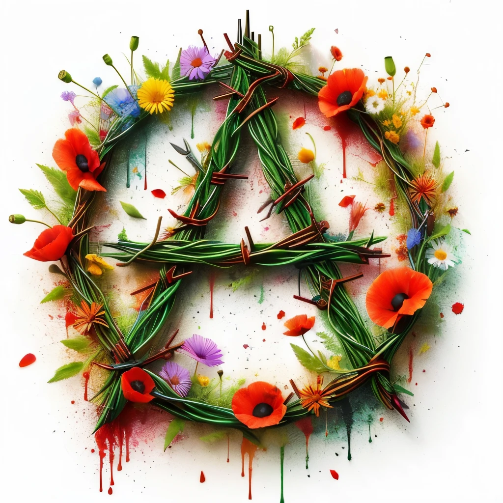 anarchy sign made of barbwire and flowers, poppies, daisies, blood splatters, anarchy, made of wildflowers, transparent background, official artwork, ecological art, 3d render, great lighting, (((masterpiece))), Hasselblad photography, cinematic lightning, depth of field, octane render, HDR, 4k, 8k, HD, (steampunkai)