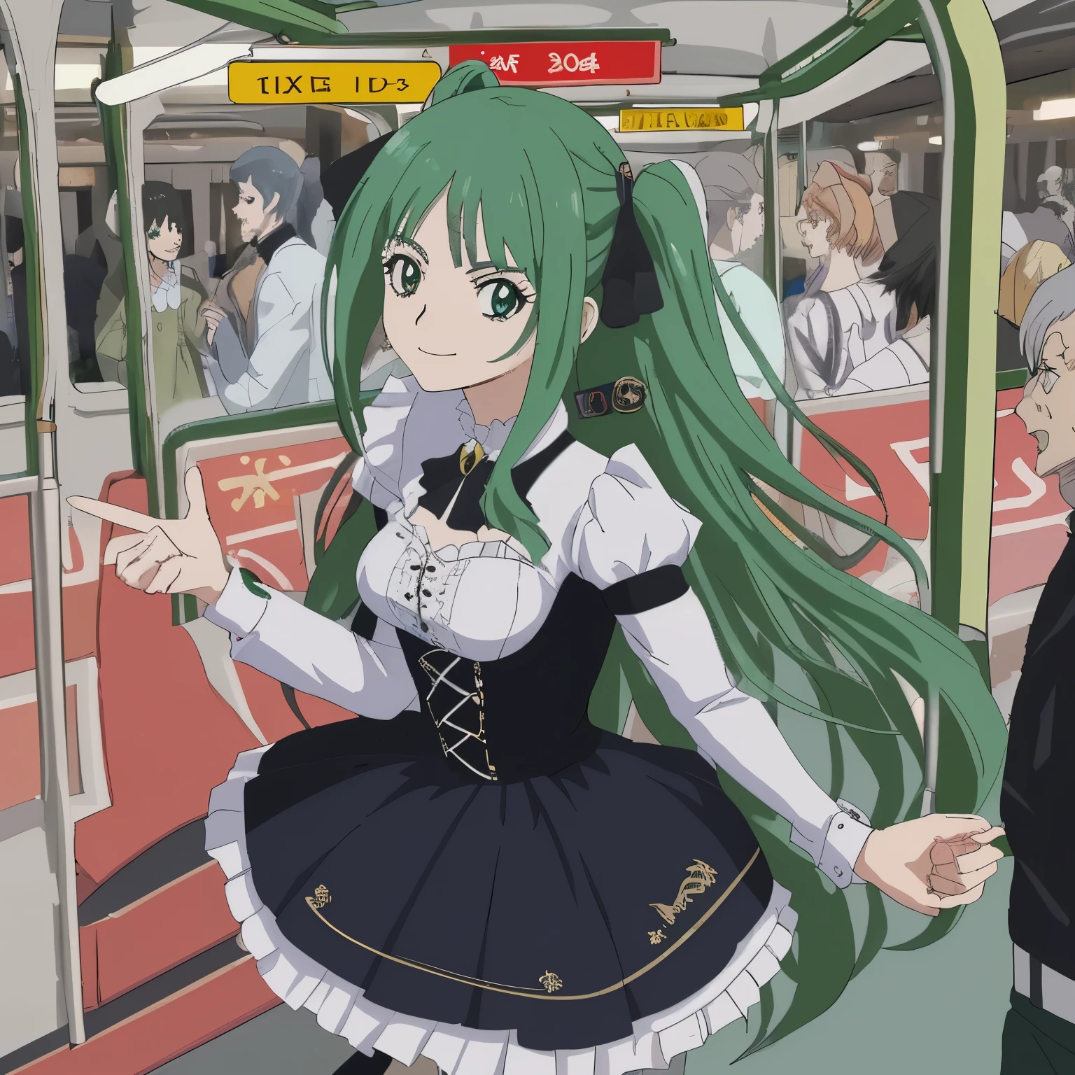 18 yeas old, girl, green hair, long hair, slim, big tits, narrow red eyes, cute, cat ears, glasses,
(embarrassed, blush:1.4), (ecstasy:1), (think:1.8), (grin:1.5), (sweat:0.9), sailor uniform, See-through, ribbon, fishnet, garter belt, frills, Kneesocks, high heels, rose, headdress, frontal, standing, crowded train, centet of attention, inside the train, how many men