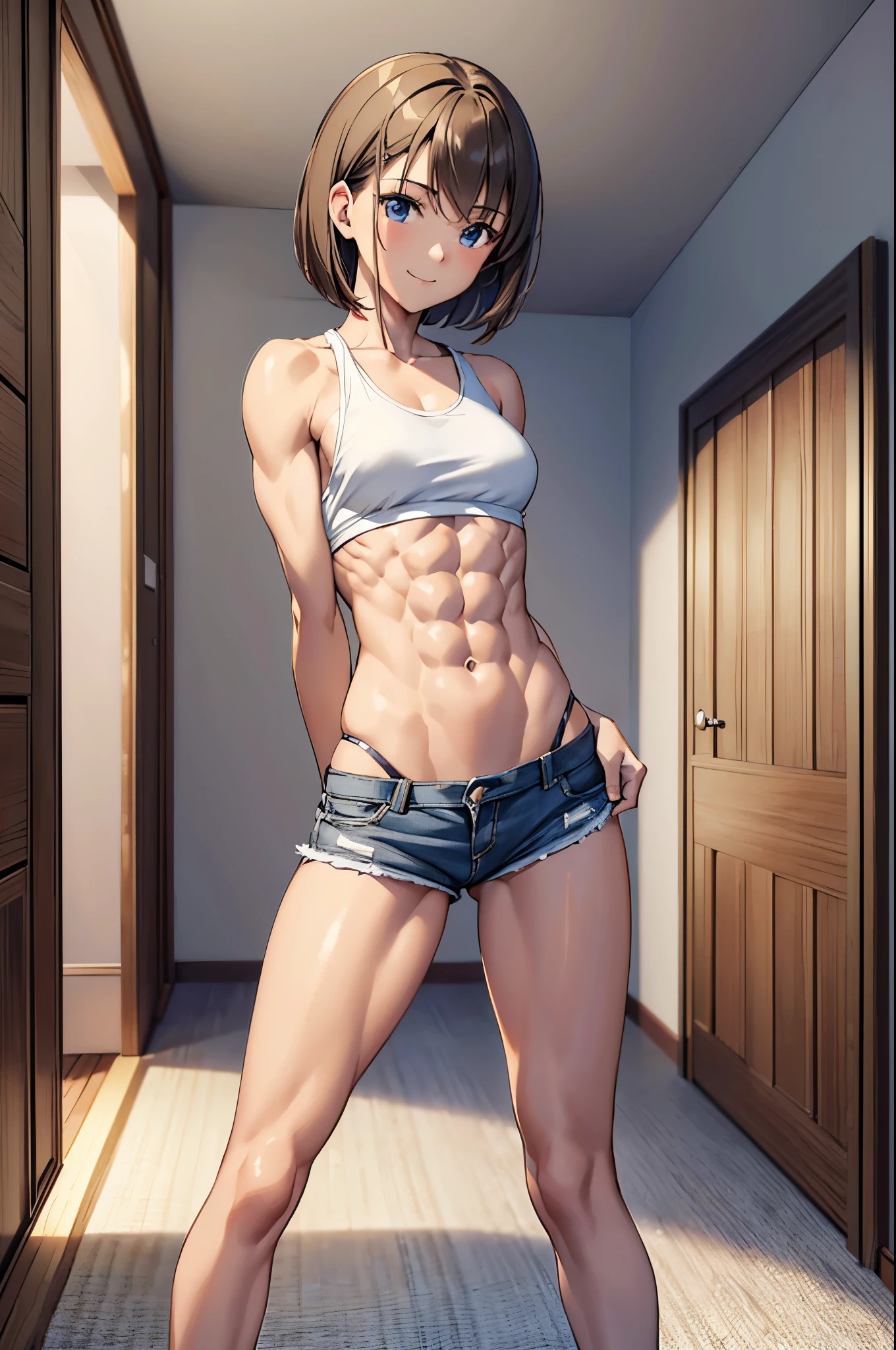 masterpiece, best quality, ultra detailed, ultra high resolution, very detailed face, solo, anime, 20 years old girl, slim, wearing a tanktop, ((six pack abs:1.15)), stand on the knees, lean forward, lightbrown short hair, medium breast, little smile, in the living room