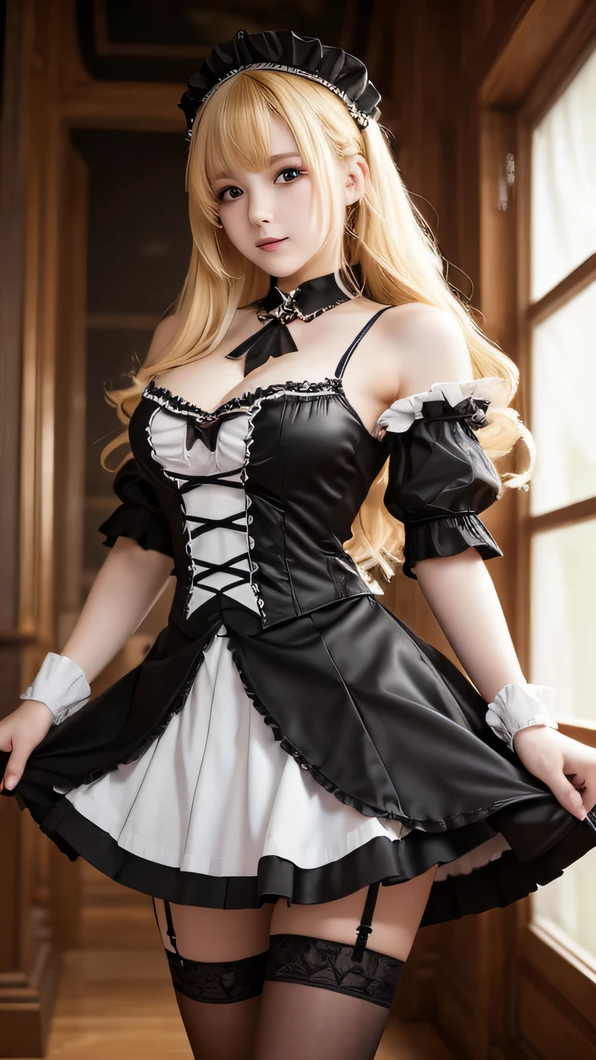 14 year old busty girl wearing a maid outfit (gothic style) torn skirt、Shapely blonde hair with golden body (Spread your legs inward) (Highly detailed CG Unity 8K wallpaper) 巨乳 torn skirt , cg, 3D, 8k 4k