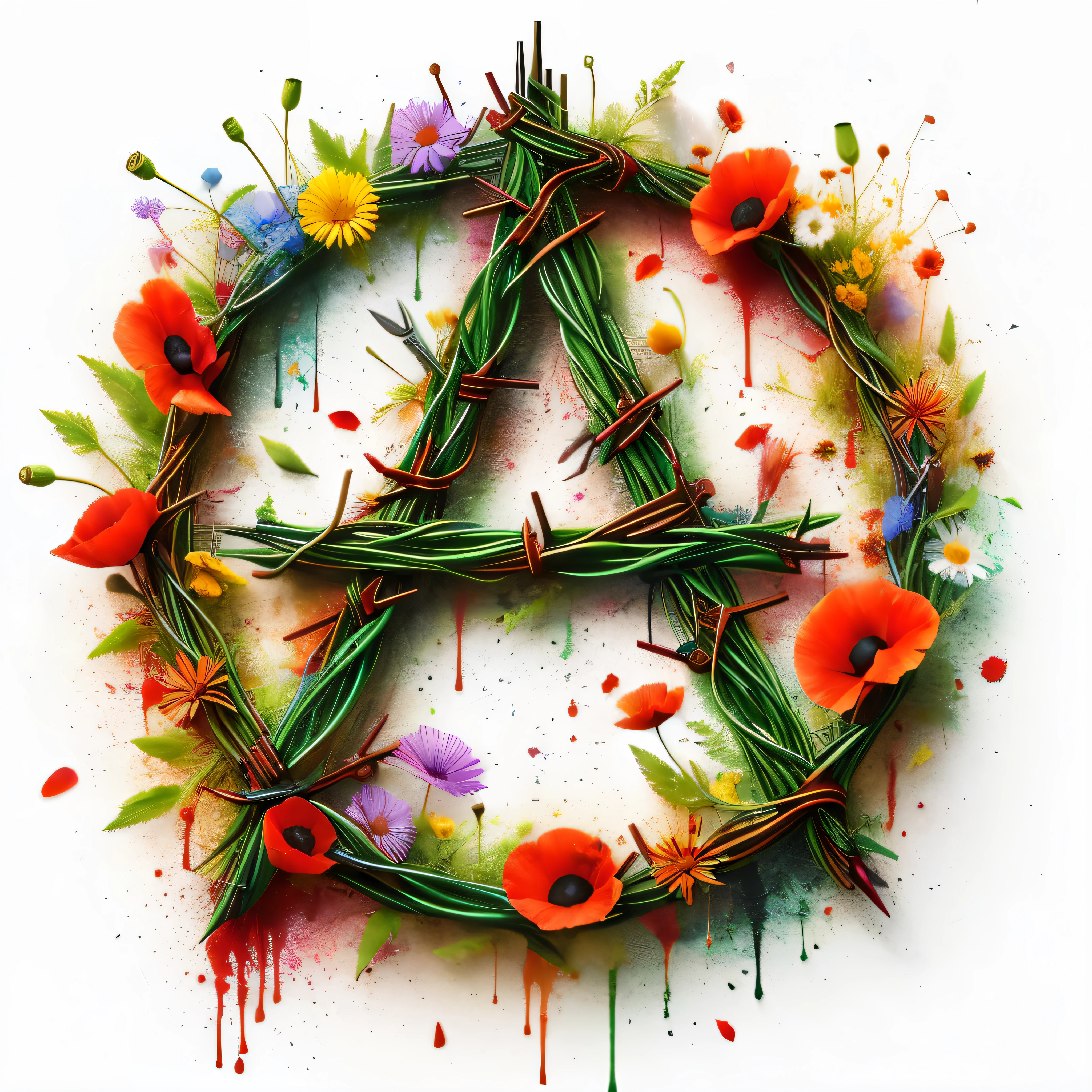 anarchy sign made of barbwire and flowers, poppies, daisies, blood splatters, anarchy, made of wildflowers, transparent background, official artwork, ecological art, 3d render, great lighting, (((masterpiece))), Hasselblad photography, cinematic lightning, depth of field, octane render, HDR, 4k, 8k, HD, (steampunkai)