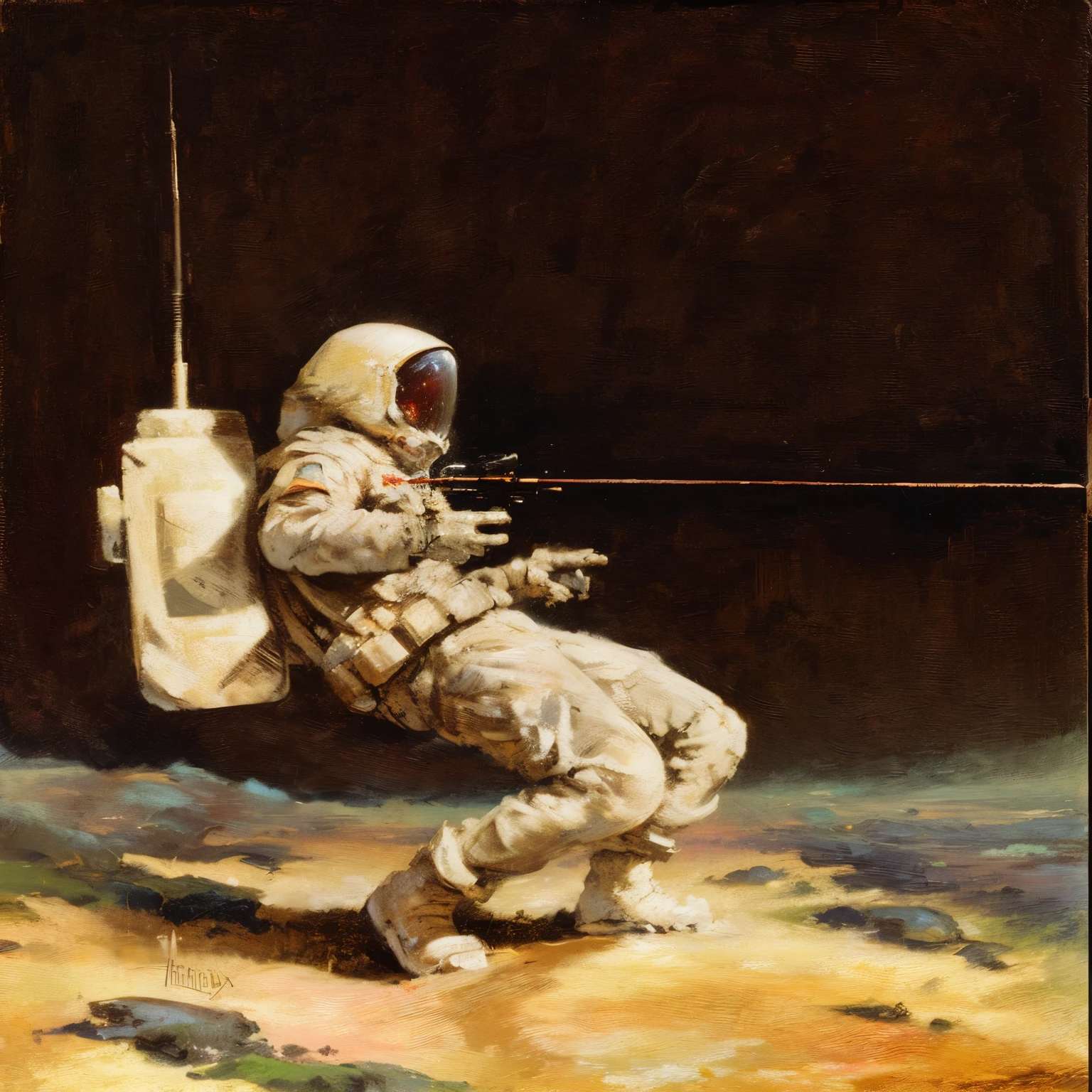 pintura de um homem em um traje espacial com um rifle, Direction: Alan Bean, inspired Direction: Alan Bean, Wayne Douglas Barlowe, science fiction painting, inspirado em Kelly Freas, inspirado em Scott Listfield, astronauta preso no planeta, not going anywhere. oil painting, inspirado em Jeremy Geddes, por Walt Reed, Science fiction art, pintura estilo frank frazetta