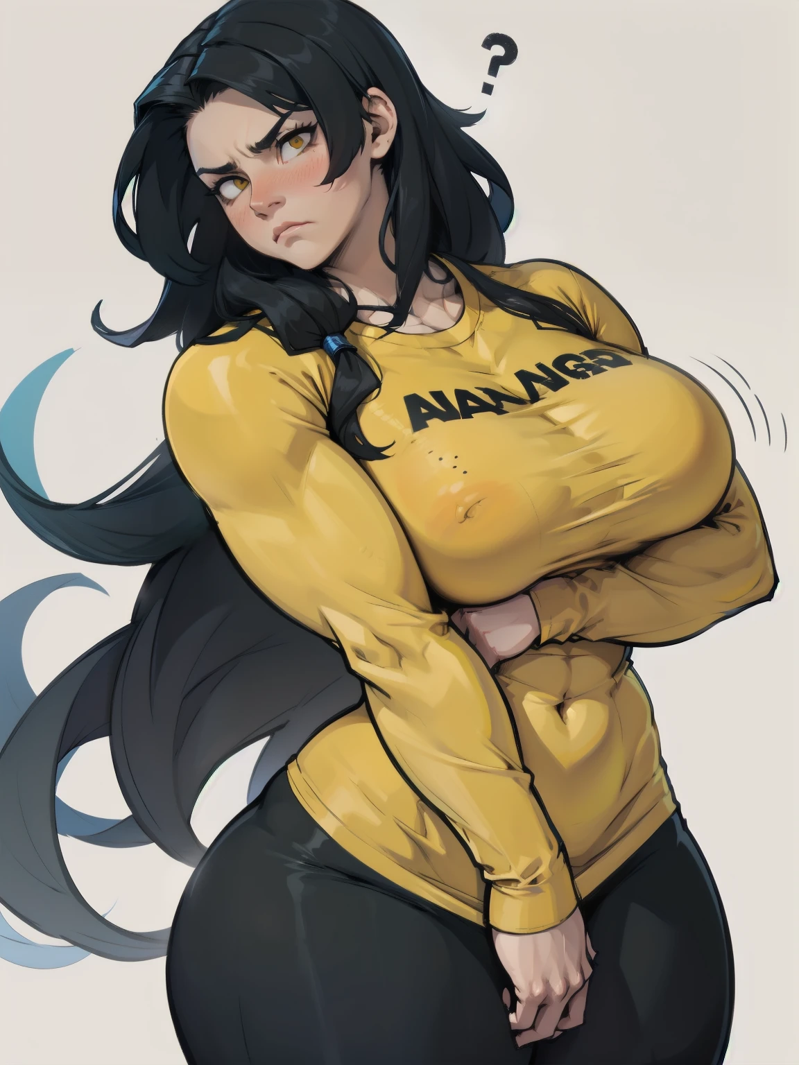 huge breasts pale skin very long hair black hair yellow eyes sad blushing solo frown very long hair very long hair leggings tight tshirt long sleeves slim fit lean