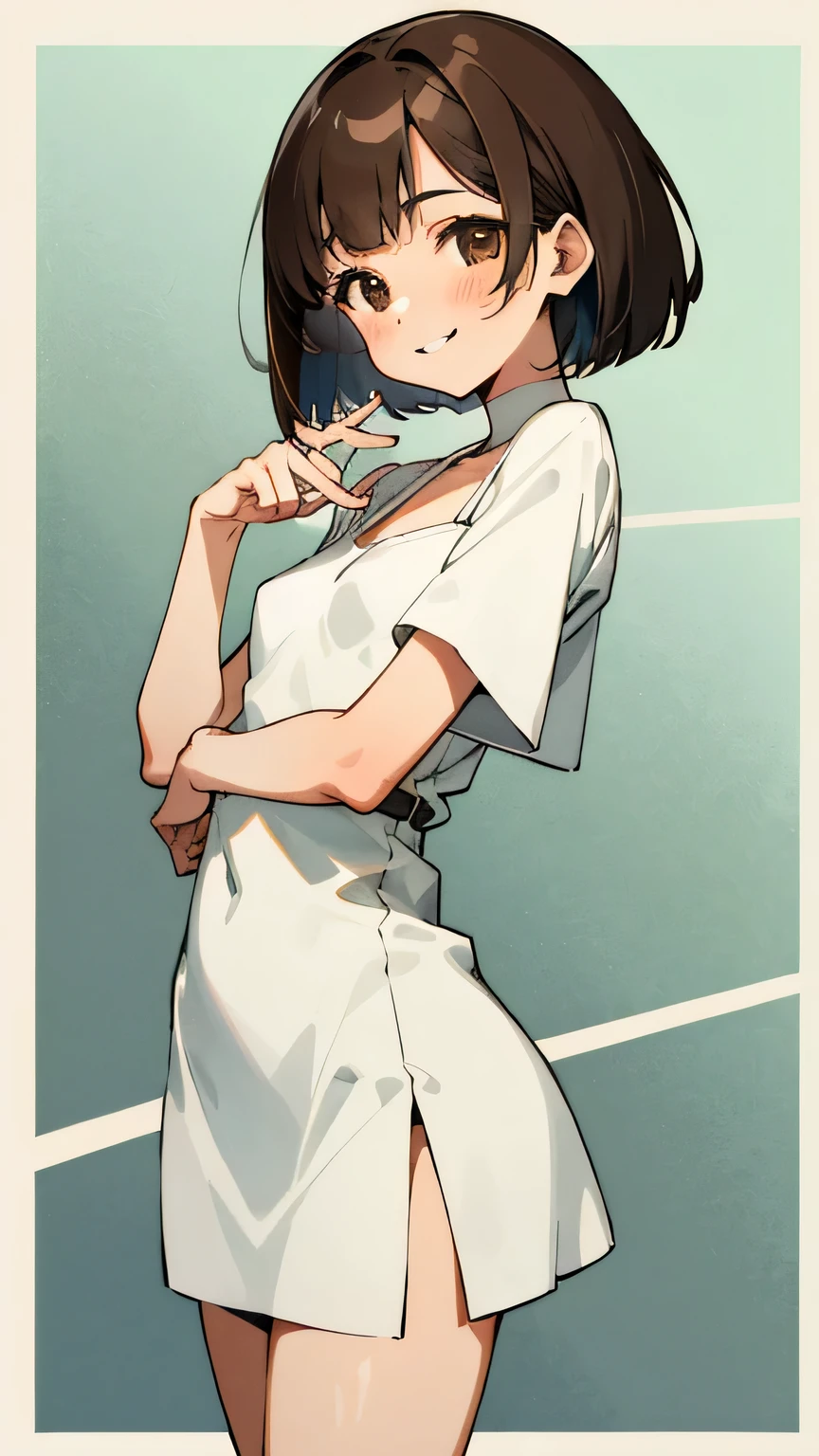 Brown haired girl, bob hair, brown eyes, slim, small breasts, smiling, mini dress, soft smile, Tokyo.