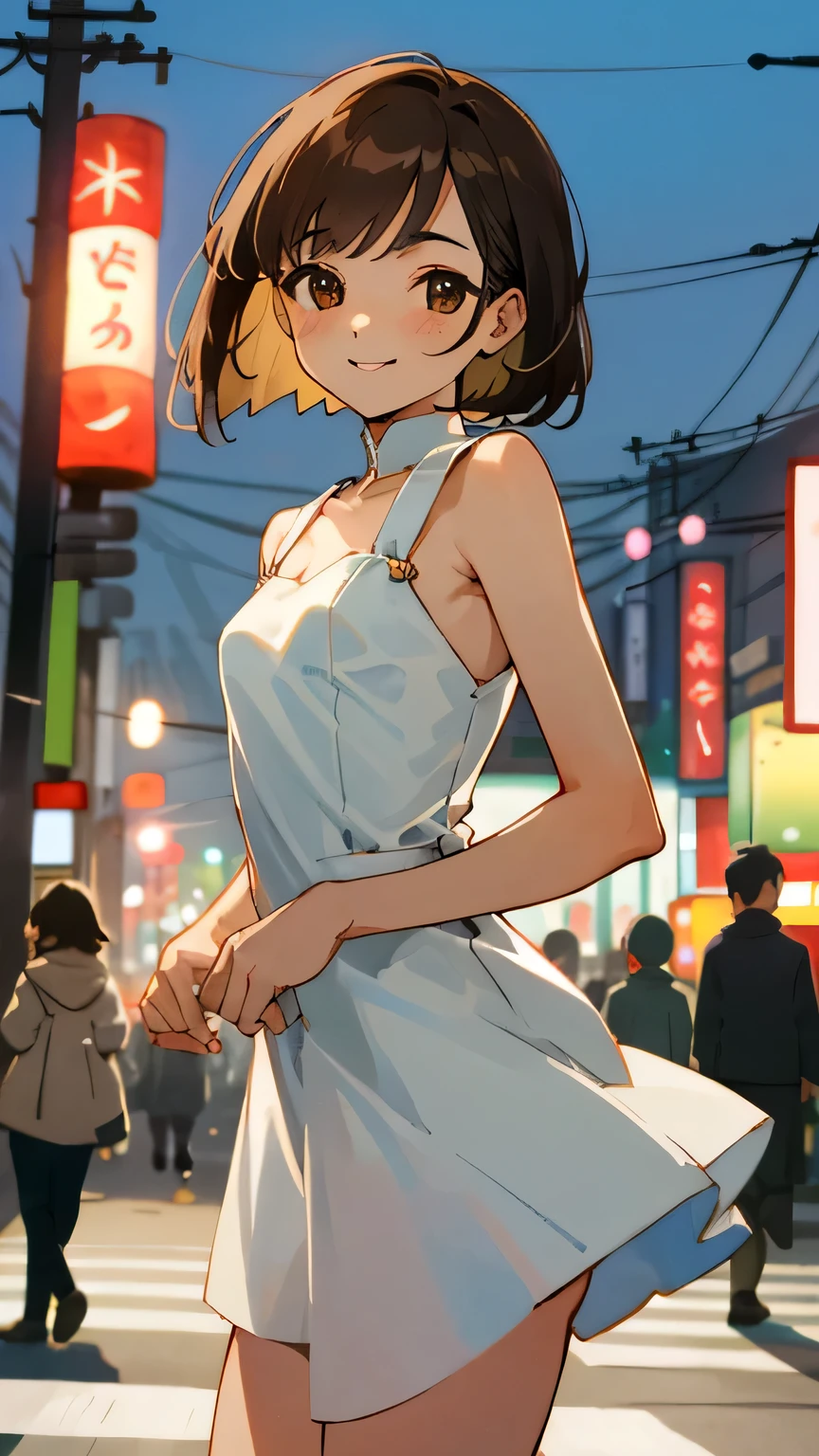((hair, Ultra-high resolution, Highest quality, masterpiece: 1.2), (Realistic, PhotoRealistic: 1.37), Super detailed, (Tokyo, Busy Street, sunny: 1.2), Professional Lighting, Photon Mapping, Radio City, Physically Based Rendering, masterpiece, Rich details, (Beautiful Face),(Beautiful Eyes), (Clear Face), (Detailed face description), (Detailed hand description), ( masterpiece), Realistic, Extreme light and shadow, Glowing Skin,Shiny Hair, One Girl, 18-year-old, Japan, cute, (smile,Happy:1.3),(Gradient Brown Hair, short hair, ponytail:1.2),Small Big, thin: 1.2, double, Disheveled Hair, fine clavicle, clavicle, (Small breasts, Flat Chest:1.37),(Dynamic pose, Cowboy Shot: 1.3), (Knitted deep V-neck slip dress, Micro Mini, Side bust, Bare waist, Bare Armpits, Cleavage: 1.2), Face Focus