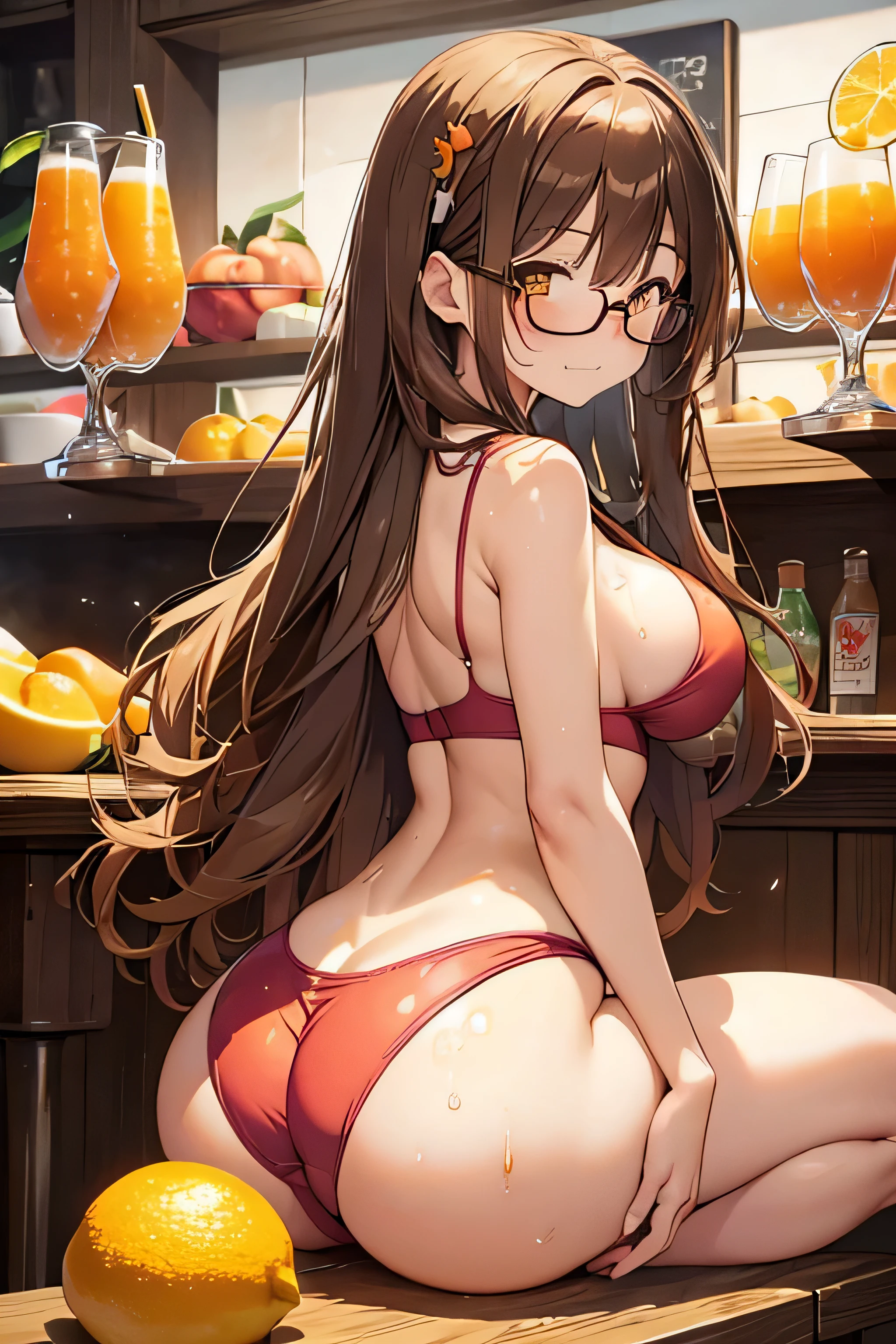 High resolution, high quality, 1 girl, anime girl, brown long hair, brown eyes,heart-shaped pupil, Green glasses,closed one eye,clenched teeth, tanned skin, big breasts,beautiful breasts, (big ass),beautiful butt,ピンクのハイレグwater着,sitting,[[Pregnant]],(lemon juice),(orange juice),(mango juice),(water),at the cafe,