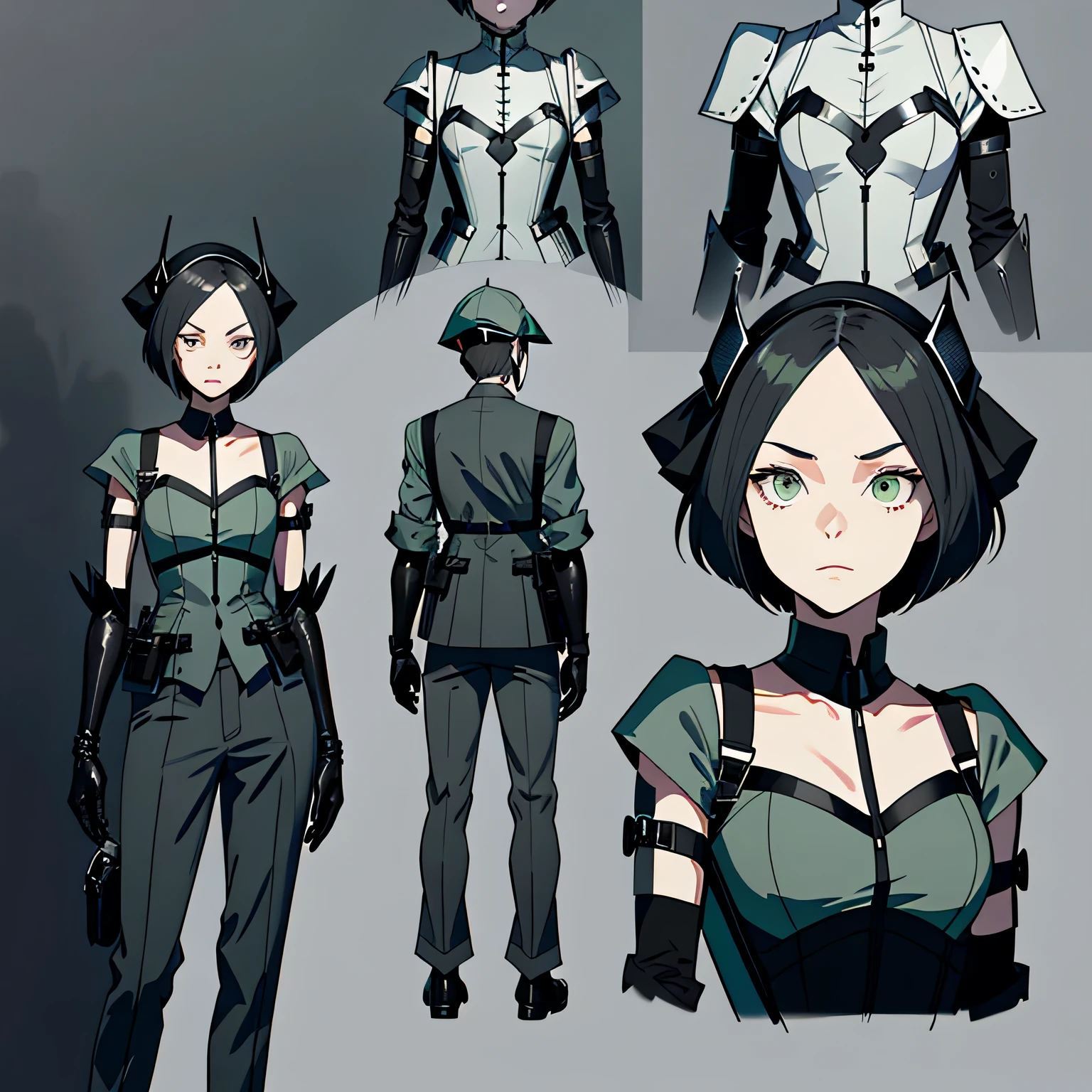 Character sheet list, concept arts, multiple poses and expressions, knee length portrait, insect girl, mramor mask, short gray official hair, cap, shoulder straps, long blazer, shirt, gloves, gray pants, dark modernistic landscapes in pale green and gray steel lights, highly detailed art, many details