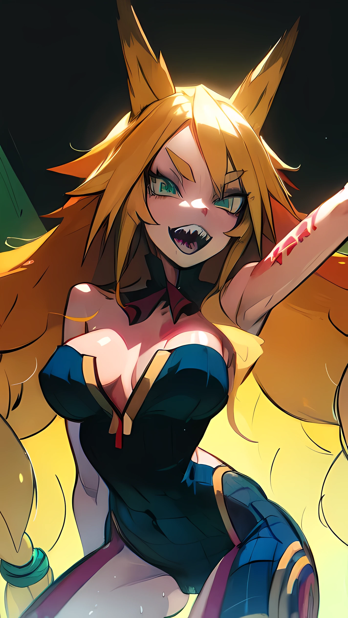 (((Masterpiece))), (((Best Quality: 1.4))), ((Super Detail: 1.4)) , hyper detailed gouache painting of a female Metallia, long blond hair, fox ears, twin braids, green eyes, sharp teeth, big tits, naked, slim body, 1girl, facing viewer, looking at viewer, smile, open mouth, hyper detailed face features, expressive face, detailed textures, blue skintone, tattoos, natural skin shader, volumetrics, warm undertones under her skin, ultra High resolution, vaginal or anal sex.