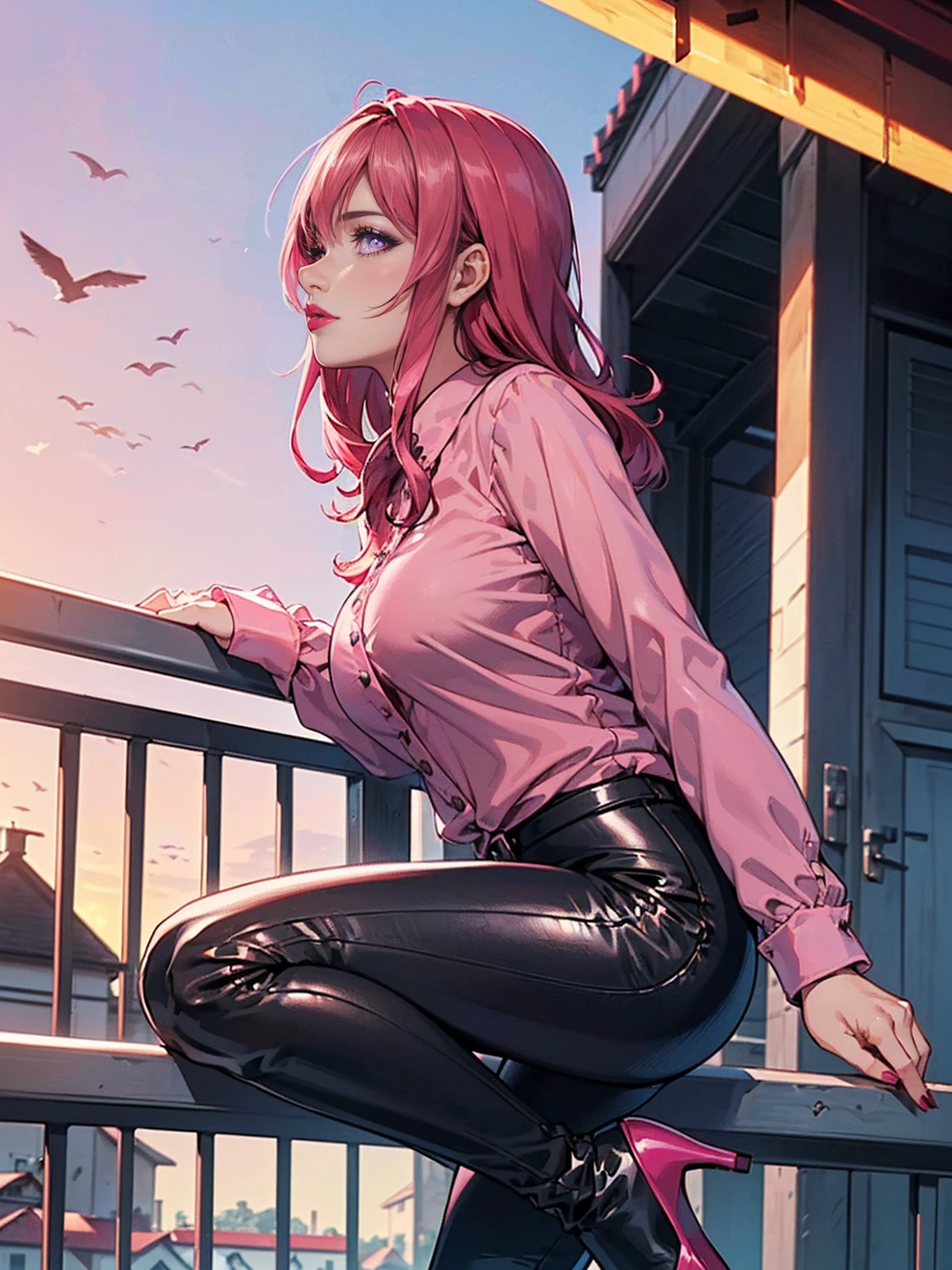 ((solo, 1woman, TakashiroHiroko, dark purple eyes, red hair, pink lipstick, Extremely detailed, ambient soft lighting, 4k, perfect eyes, a perfect face, perfect lighting, a 1girl)), ((solo, (1woman, pink lipstick), Extremely detailed, ambient soft lighting, 4k, perfect eyes, a perfect face, perfect lighting, a 1girl)), ((black leather pants, (high heels, ((wool blouse, wool pink blouse, long sleeve blouse, pink wool blouse))), black leggings, leather pants, black pants, tight clothes, shiny leather, leather, leathery, farm, balcony, leaning on a balcony, leaning on the railing, leaning on the railing on a balcony, looking to the left, side perspective, admiring the landscape, farm background, pond))