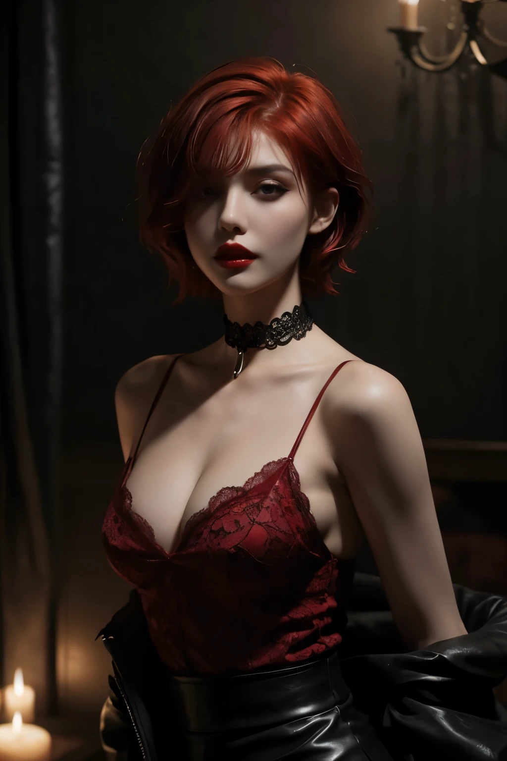 1 girl, short red hair, short pixie cut, dungeon, dark, dimmed light, (gothic), (lace), choker, red lips, dark erotic fantasy, big breasts, nsfw, sex