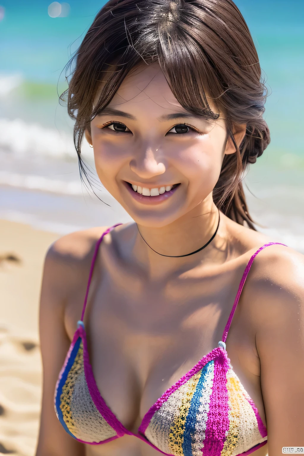 masterpiece, highest quality, Photoreal, Super detailed, finely, High resolution, 8k wallpaper, Professional, Advanced level of detail, College girls having fun on the sandy beach, Slender Japan woman, ((facing the front)), detailed clavicle, Medium chest、perfect face, medium long hair, colorful knit bikini、gentle smile