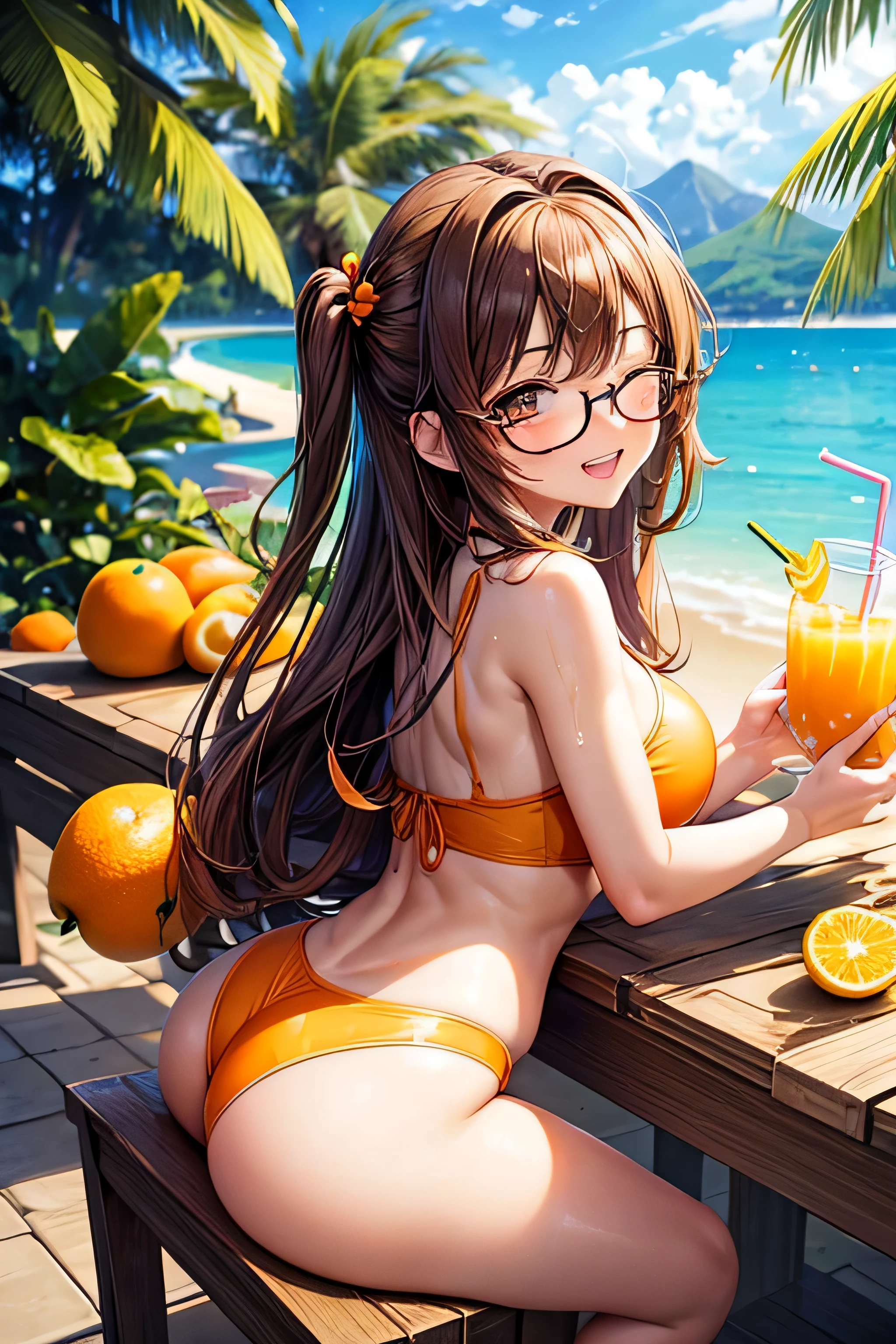 High resolution, high quality, 1 girl, anime girl, brown long hair, brown eyes,heart-shaped pupil, Green glasses,closed one eye,clenched teeth, tanned skin, big breasts,beautiful breasts, (big ass),beautiful butt,ピンクのハイレグwater着,sitting,(drink a lot of juice),(inflate one's stomach),(lemon juice),(orange juice),(mango juice),(water),at the cafe,