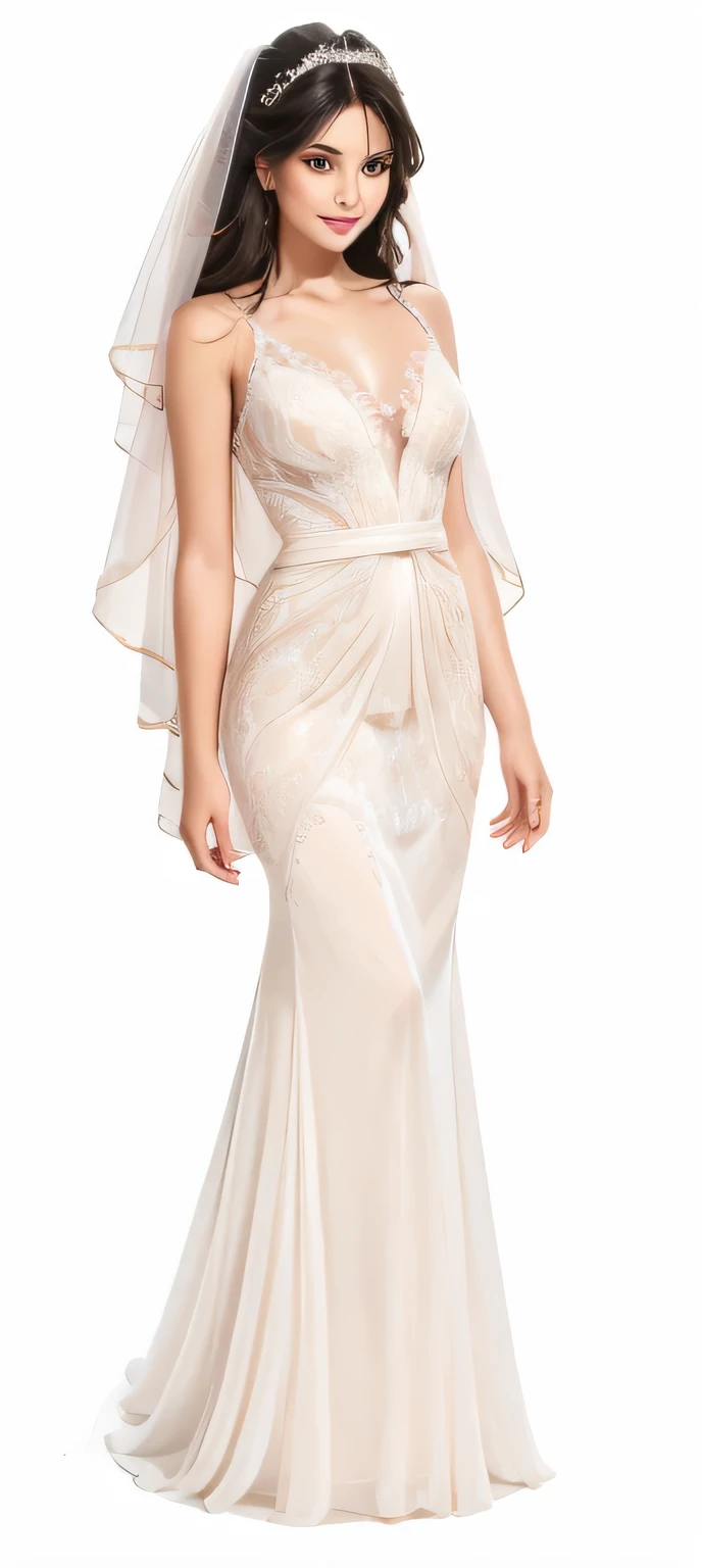 (bright lighting,romantic setting,very detailed face),bride captured, dreamy background,,soft skin,dark hair, mesmerizing gaze, , soft skin, alluring beauty, artistic portrait, high-quality image, vibrant colors, translucent long silk gown, bridal, smile, very detailed face