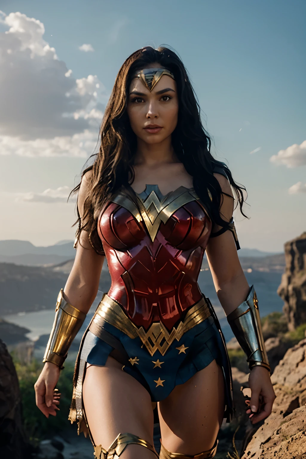 Generate a photo-realistic image of a person in a Wonder Woman cosplay. The individual should be adorned in her classic red and blue armor with the golden W emblem, a tiara, and carrying a Lasso of Truth. They stand tall and powerful on a rocky terrain, with a sunset that casts a heroic glow. The image should capture the strength and grace of Wonder Woman, with a focus on the intricate details of her armor and weapons.
