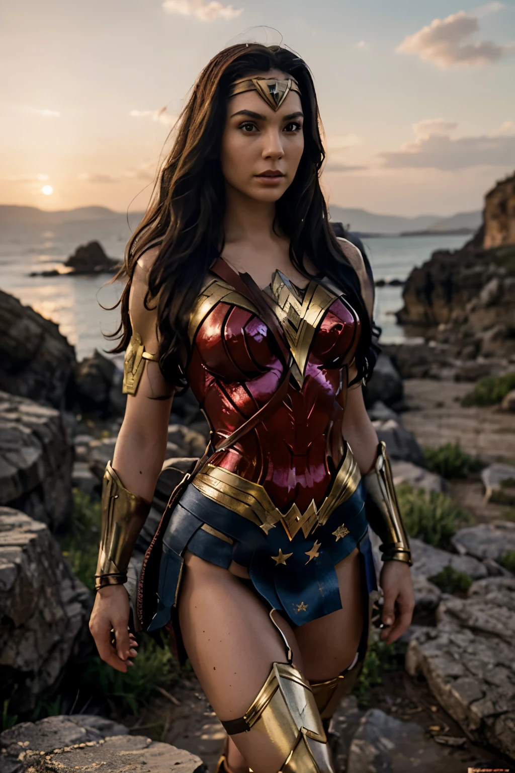 Generate a photo-realistic image of a person in a Wonder Woman cosplay. The individual should be adorned in her classic red and blue armor with the golden W emblem, a tiara, and carrying a Lasso of Truth. They stand tall and powerful on a rocky terrain, with a sunset that casts a heroic glow. The image should capture the strength and grace of Wonder Woman, with a focus on the intricate details of her armor and weapons.